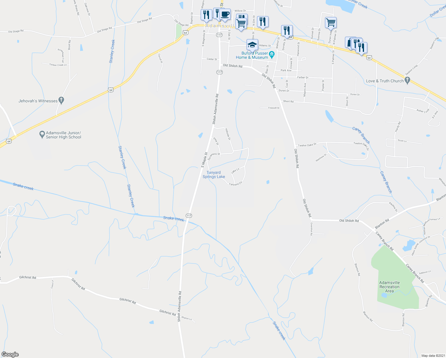 map of restaurants, bars, coffee shops, grocery stores, and more near 145 Tanyard Circle in Adamsville