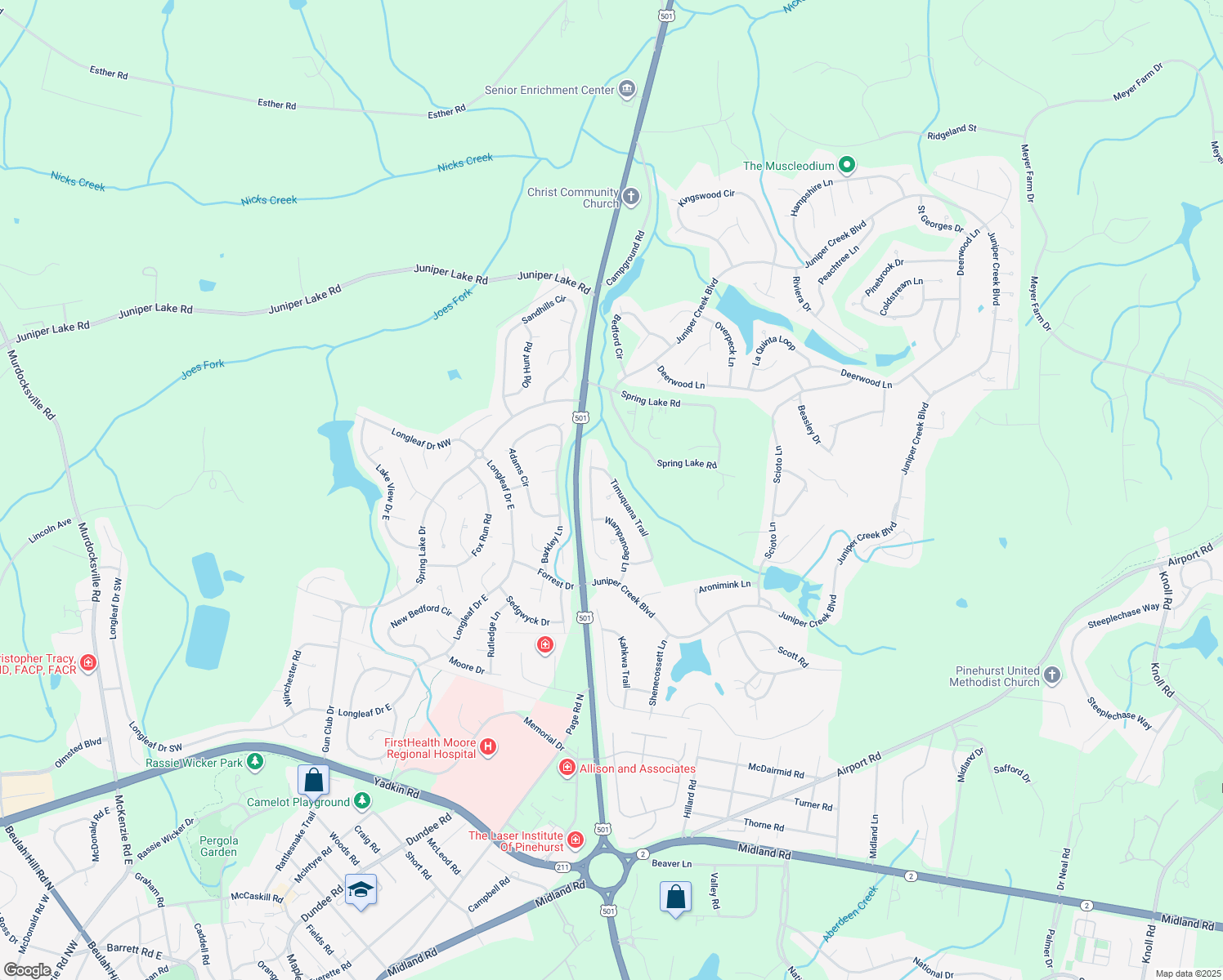 map of restaurants, bars, coffee shops, grocery stores, and more near 23 Timuquana Trail in Pinehurst