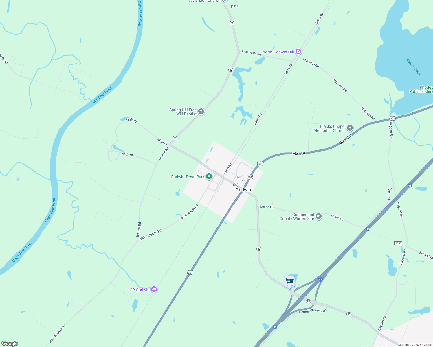 map of restaurants, bars, coffee shops, grocery stores, and more near Main Street in Godwin