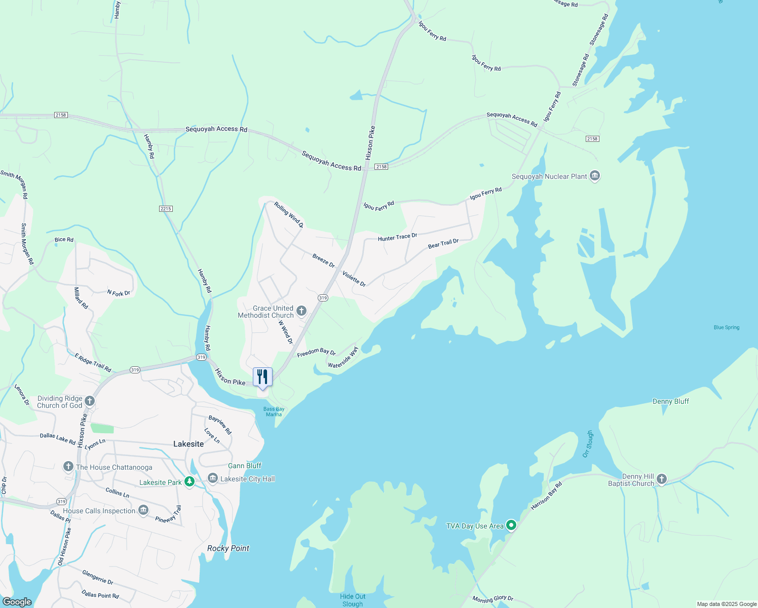 map of restaurants, bars, coffee shops, grocery stores, and more near 9686 Cool Way in Soddy-Daisy