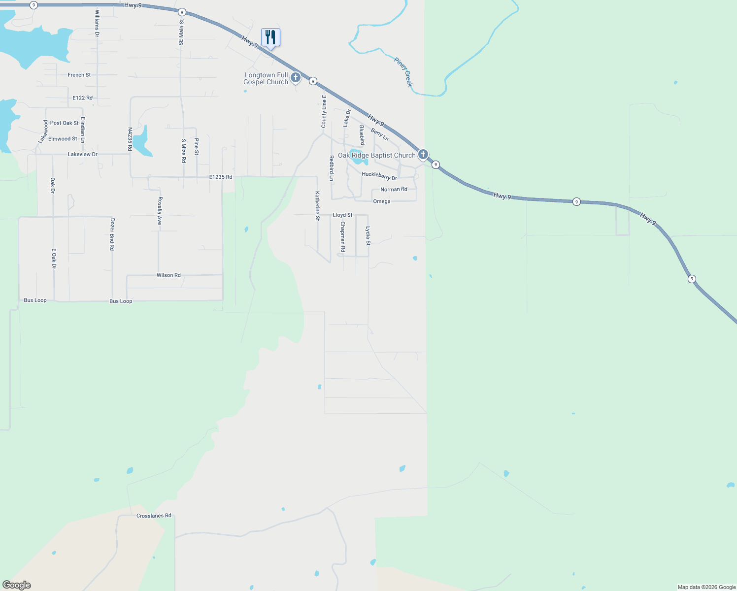 map of restaurants, bars, coffee shops, grocery stores, and more near Lydia Street in Stigler