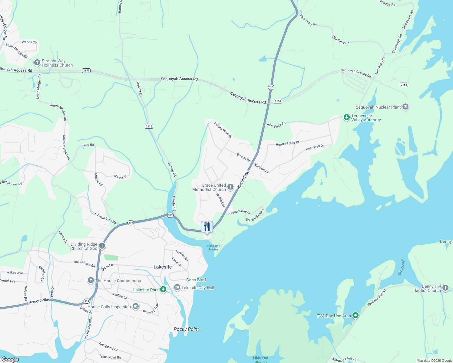 map of restaurants, bars, coffee shops, grocery stores, and more near 2621 Eastwind Dr in Soddy-Daisy