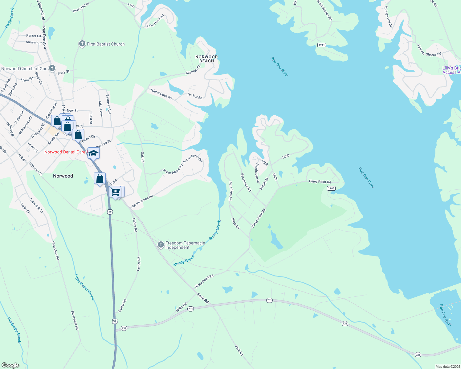 map of restaurants, bars, coffee shops, grocery stores, and more near 9775 Pine Tree Road in Norwood
