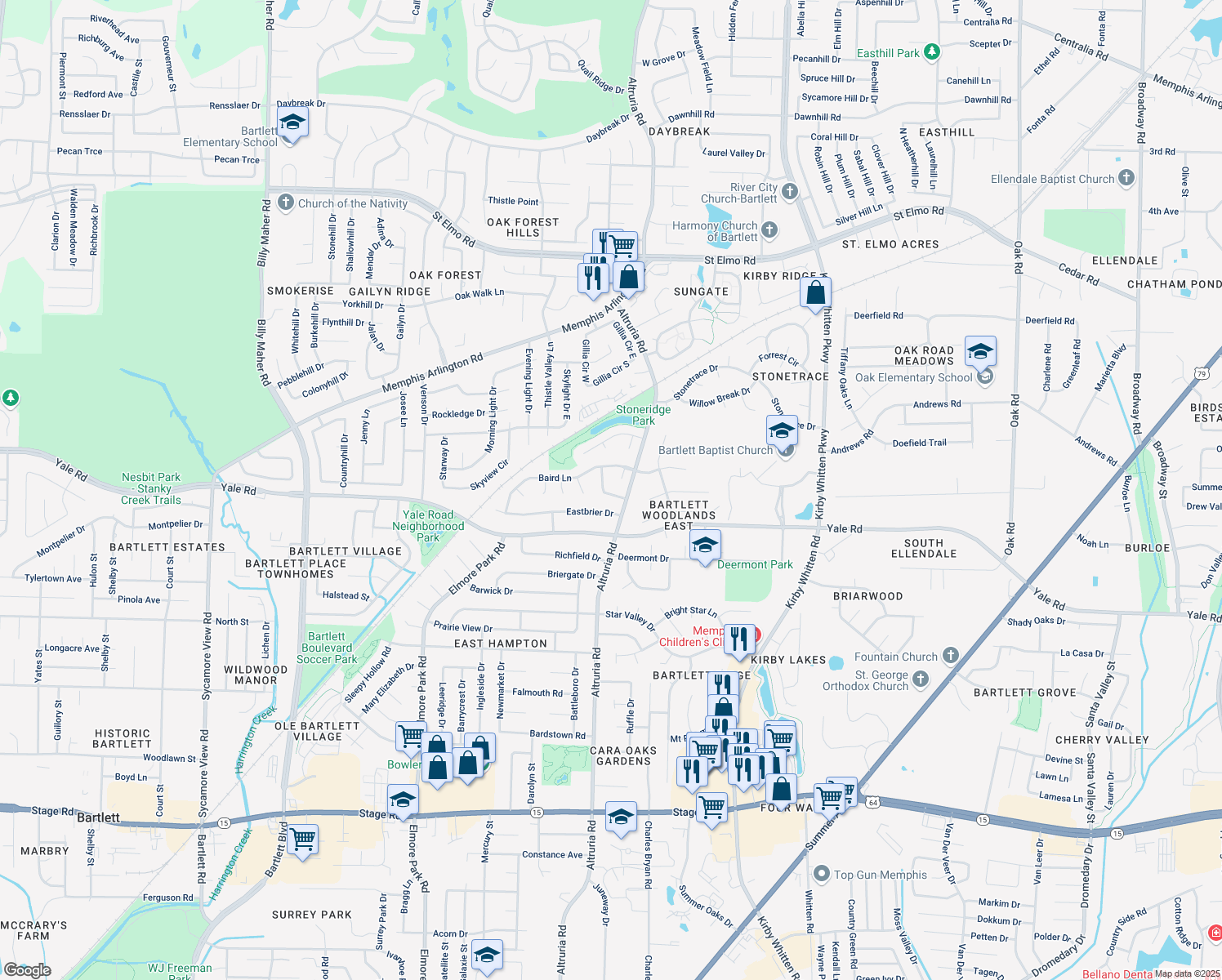 map of restaurants, bars, coffee shops, grocery stores, and more near 6486 Tarus Drive in Bartlett