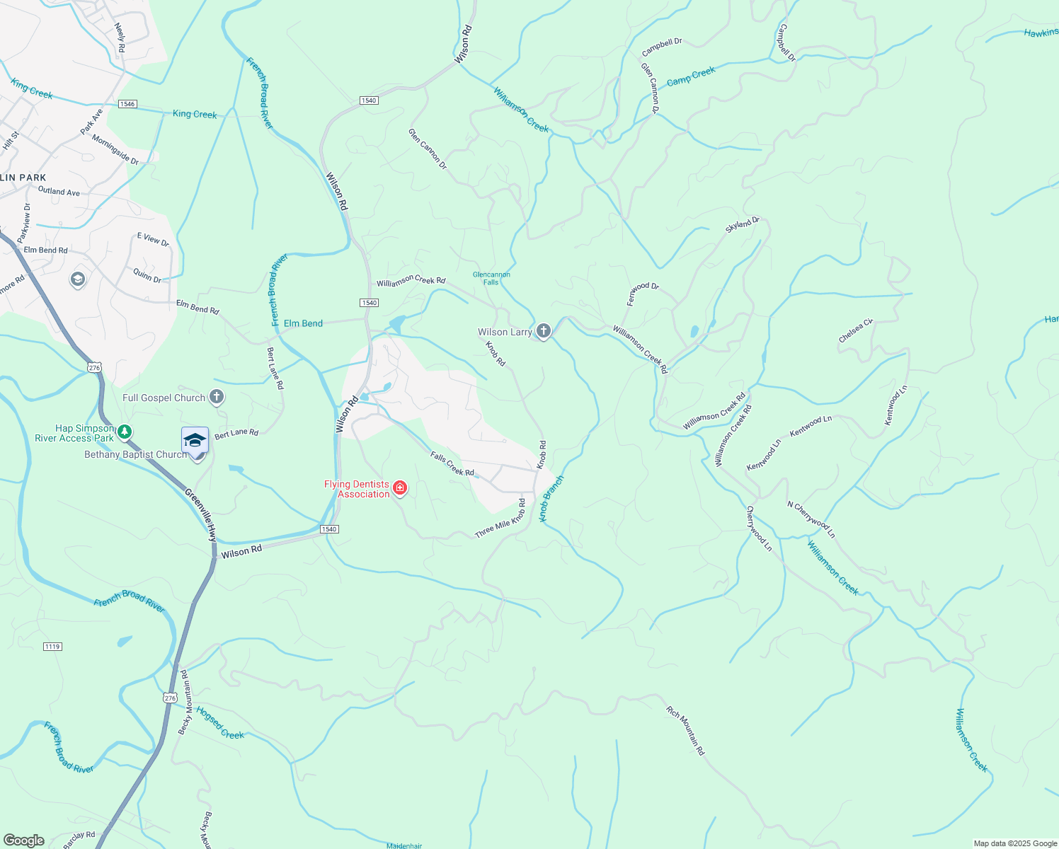 map of restaurants, bars, coffee shops, grocery stores, and more near 504 Knob Road in Pisgah Forest