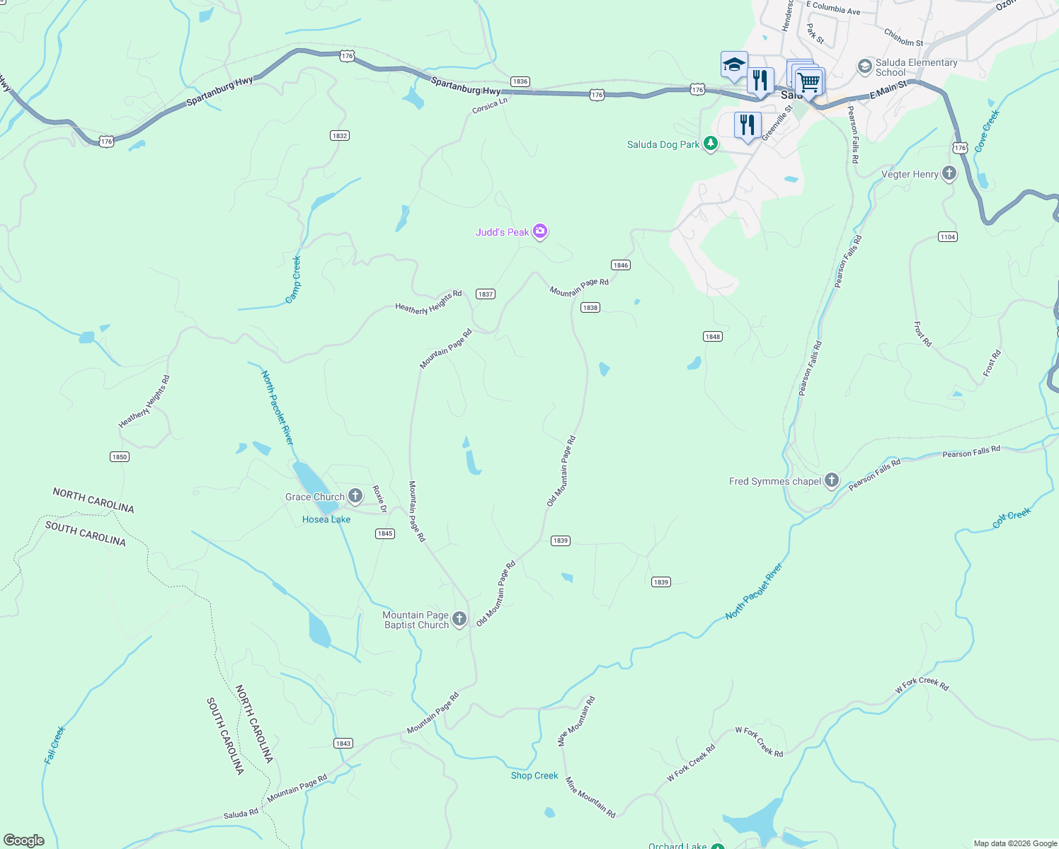 map of restaurants, bars, coffee shops, grocery stores, and more near 103 Old Mountain Page Road in Saluda