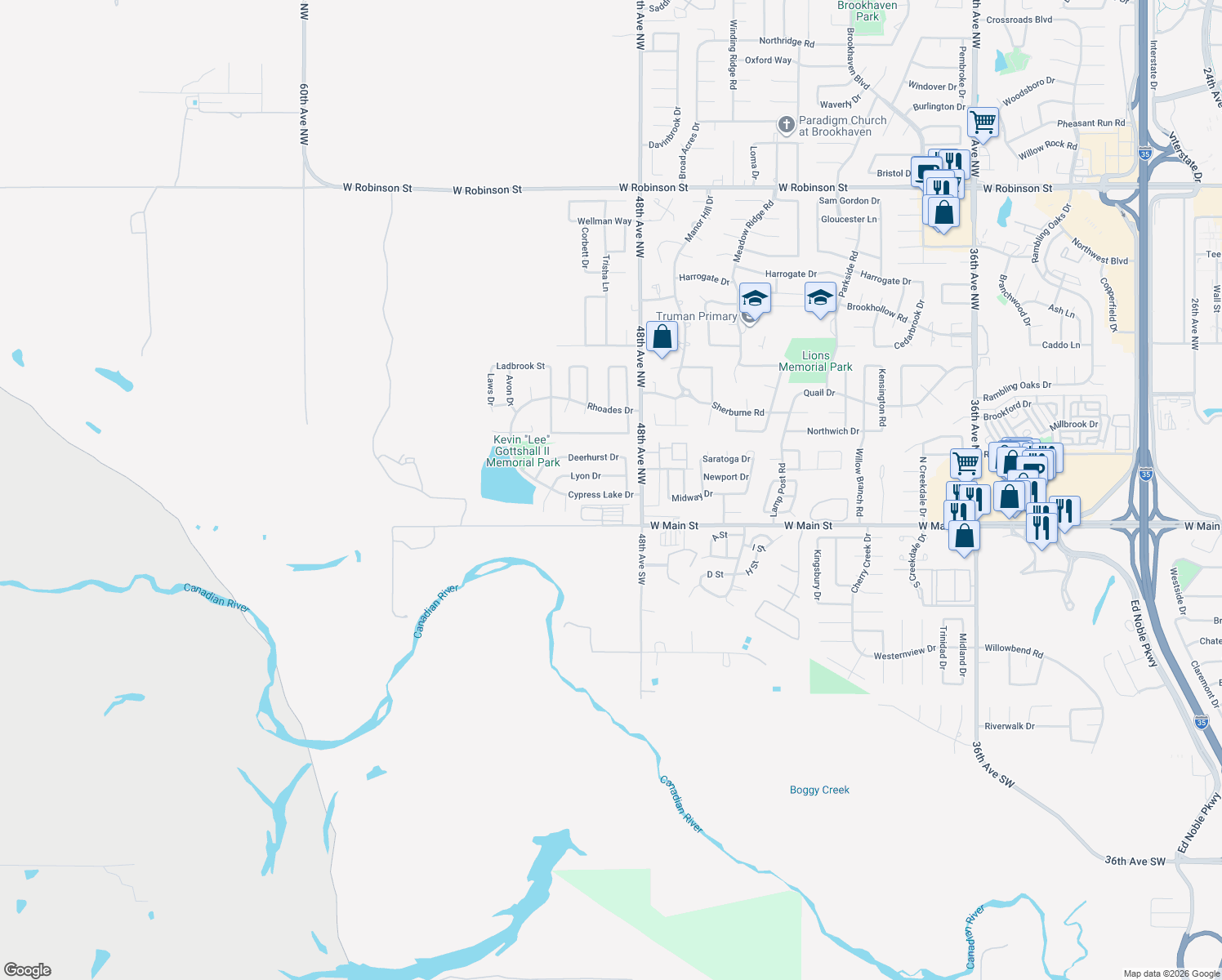 map of restaurants, bars, coffee shops, grocery stores, and more near 4913 Cypress Lake Dr in Norman