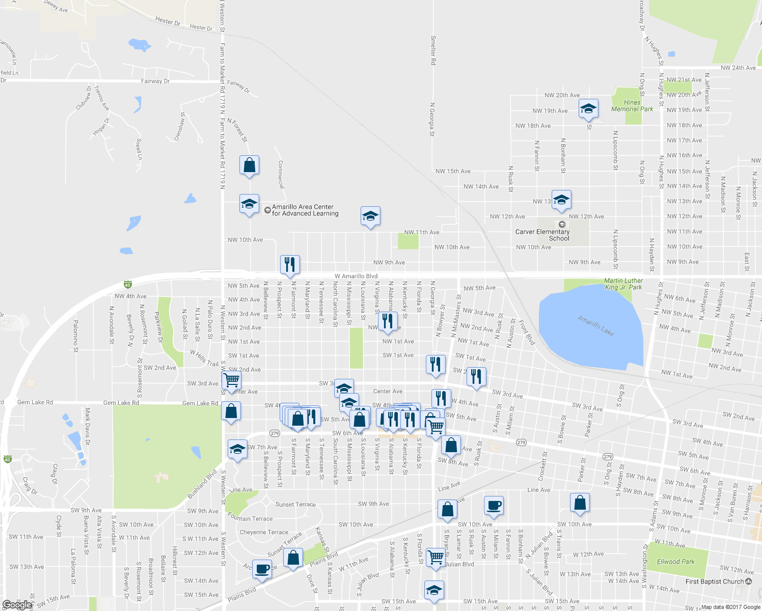 map of restaurants, bars, coffee shops, grocery stores, and more near 306 North Virginia Street in Amarillo