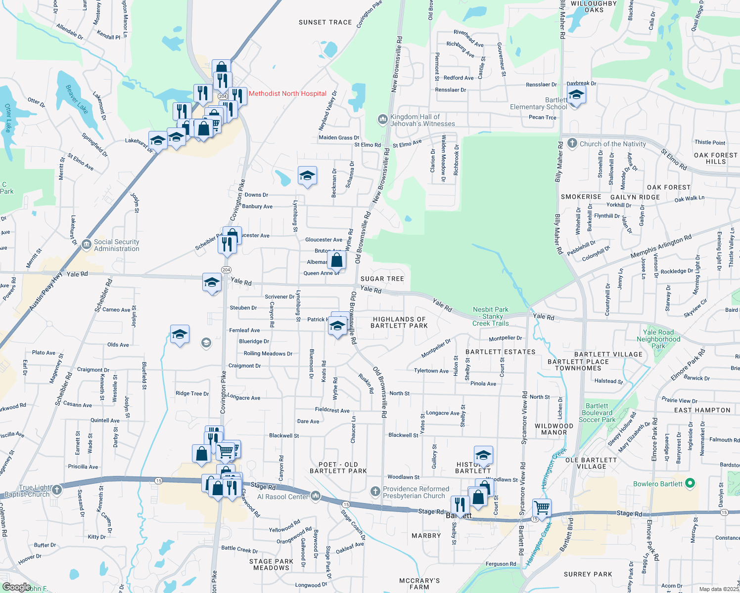 map of restaurants, bars, coffee shops, grocery stores, and more near 3448 Peyton Randolph Cove in Bartlett
