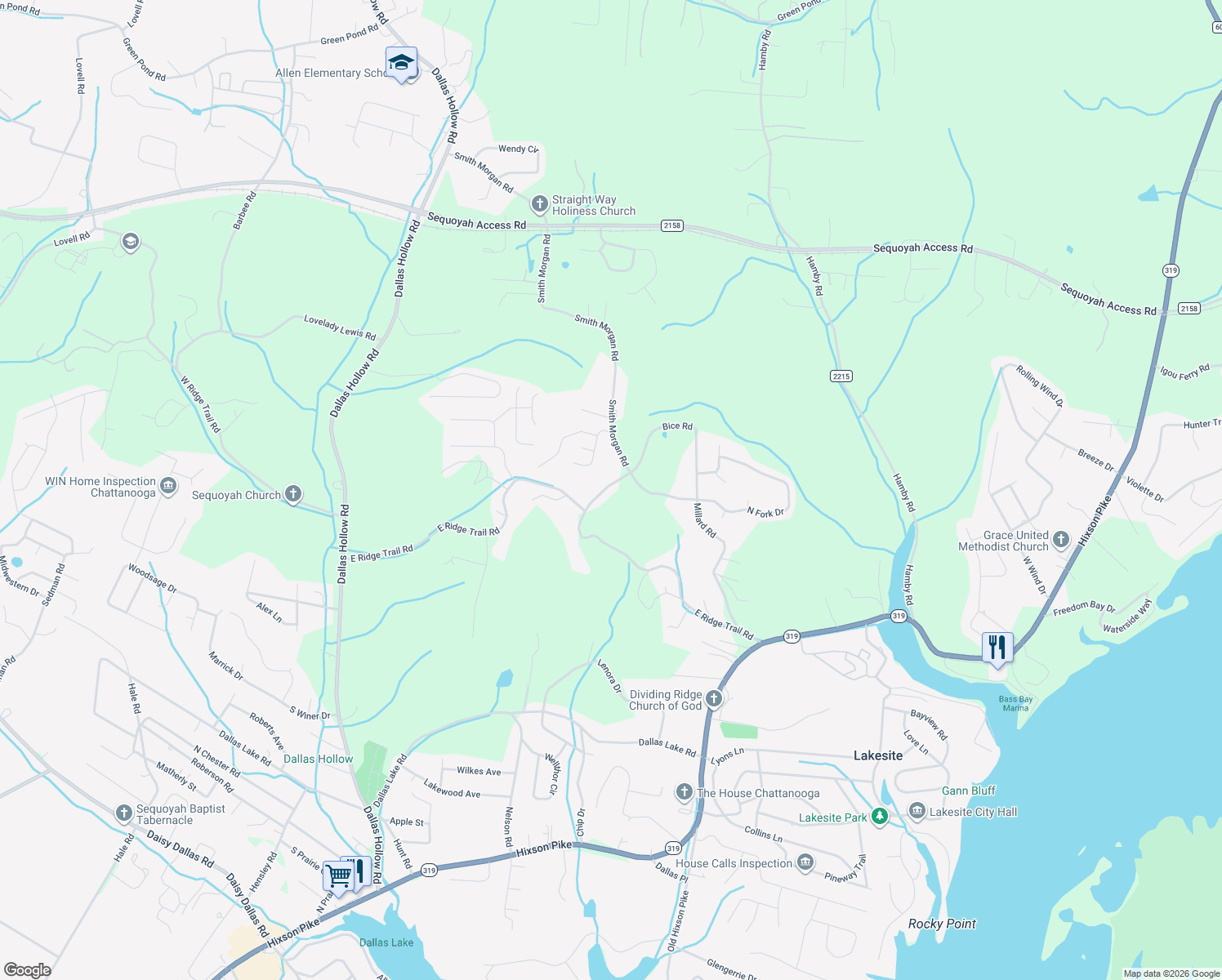 map of restaurants, bars, coffee shops, grocery stores, and more near 1824 Millard in Soddy-Daisy