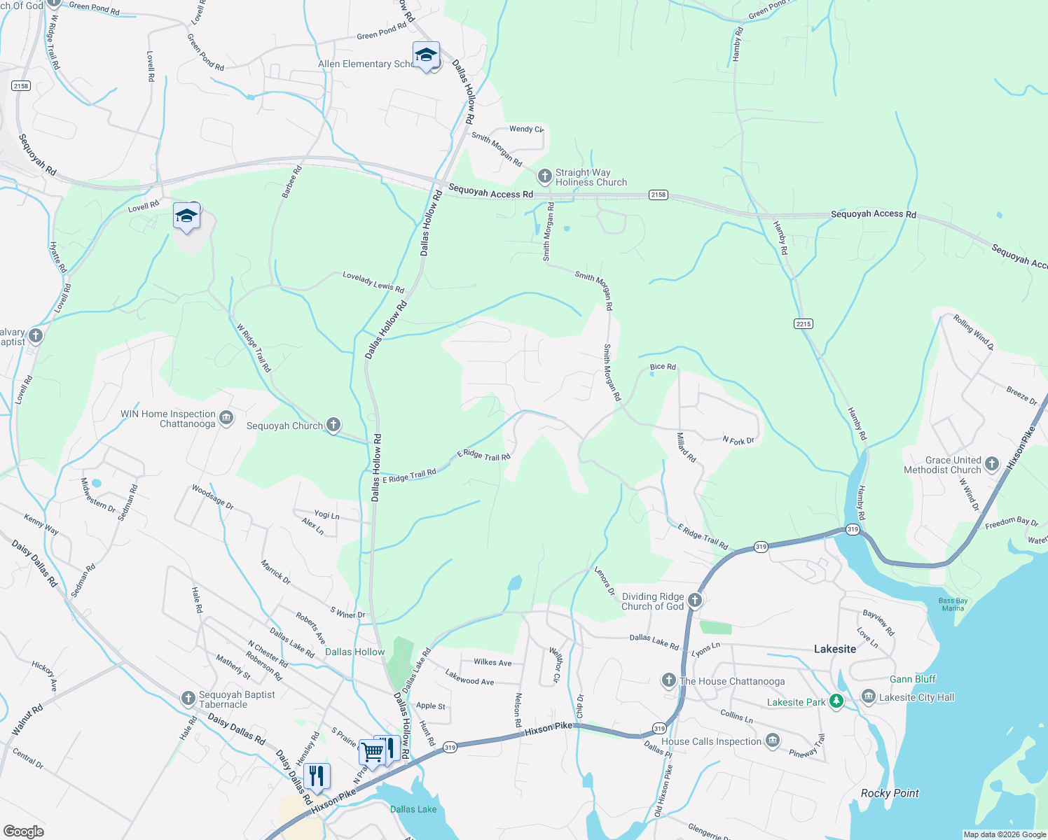 map of restaurants, bars, coffee shops, grocery stores, and more near 8839 E Ridge Trail Rd in Soddy-Daisy