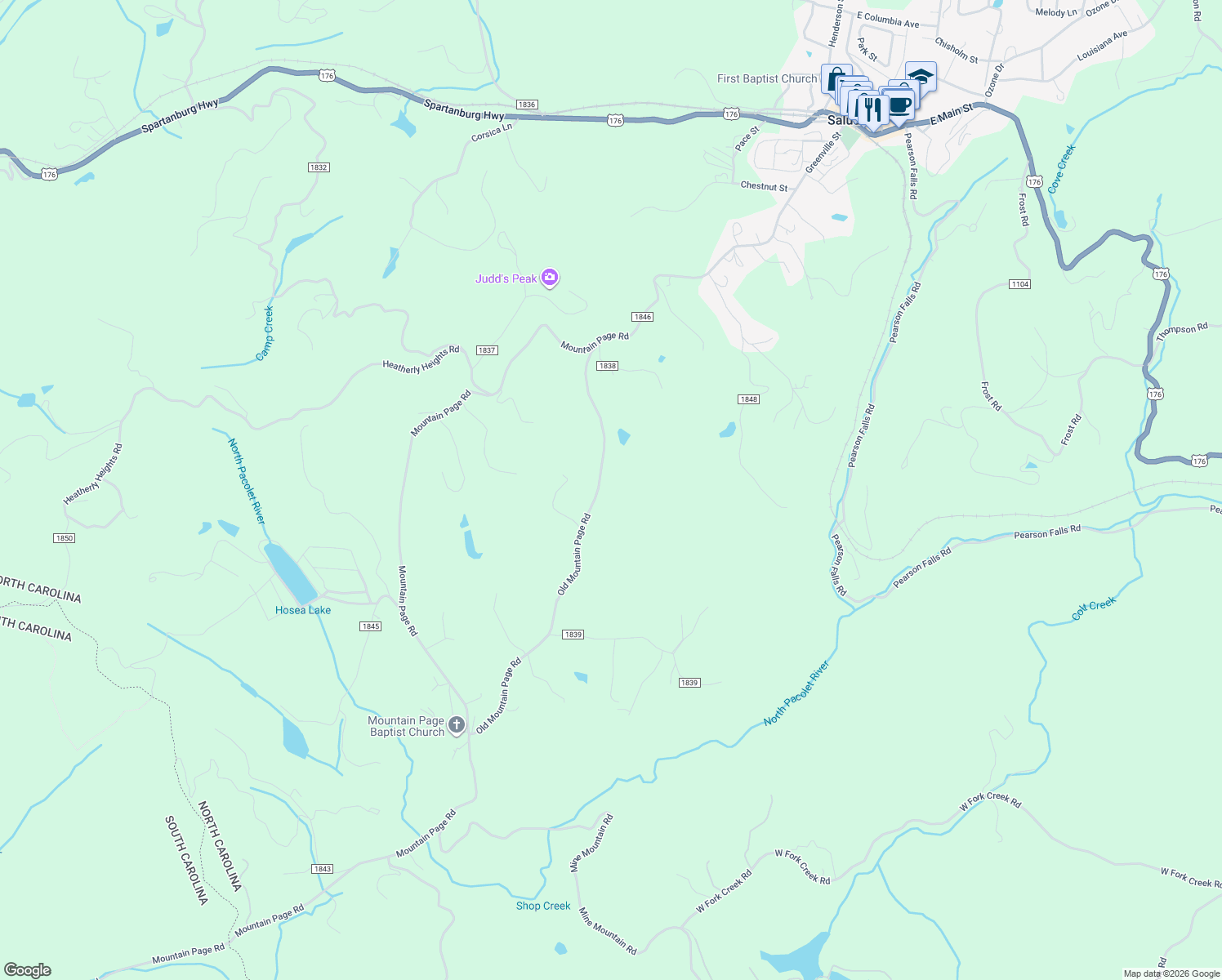 map of restaurants, bars, coffee shops, grocery stores, and more near 483 Old Mountain Page Road in Saluda