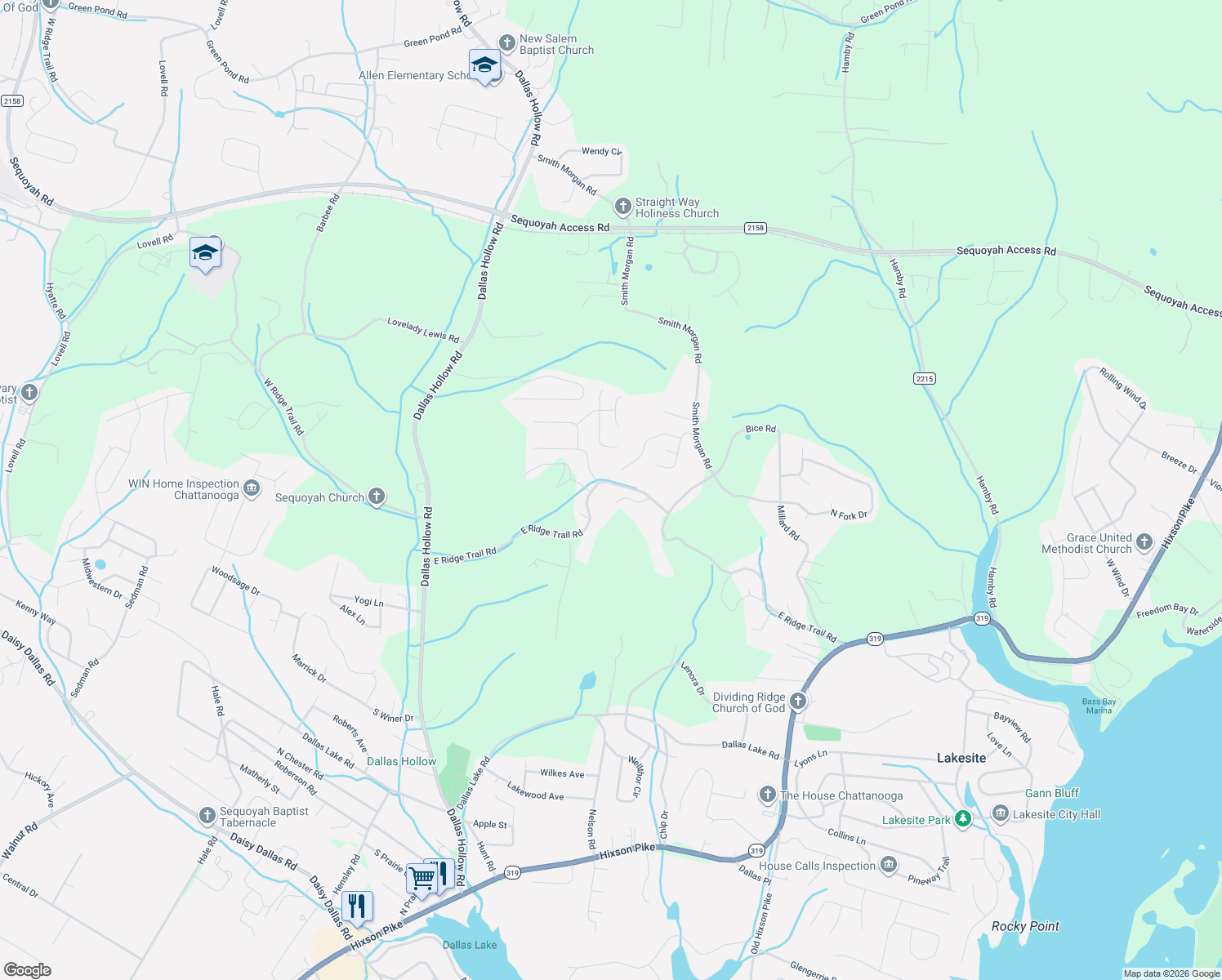 map of restaurants, bars, coffee shops, grocery stores, and more near 8831 East Ridge Trail Road in Soddy-Daisy