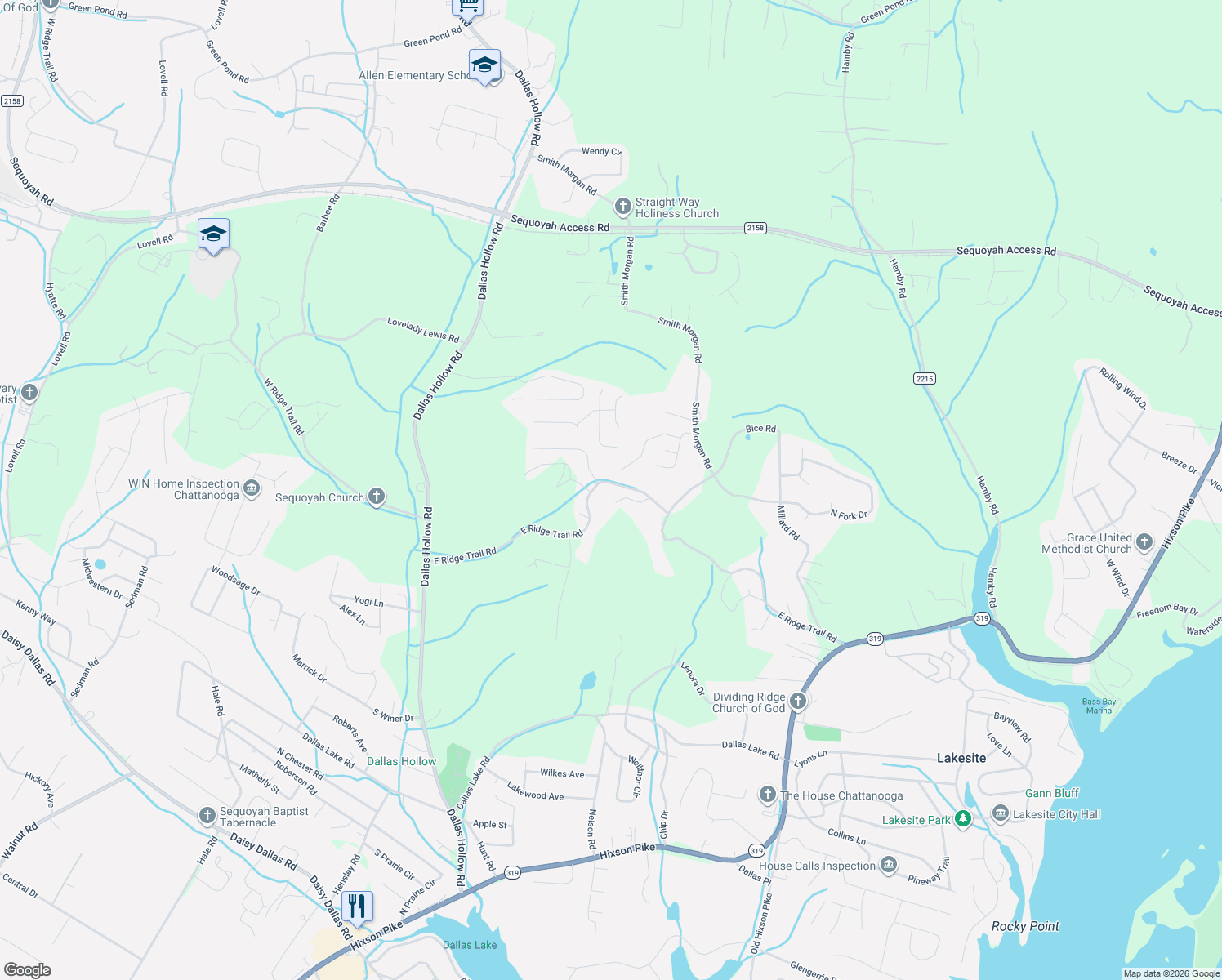 map of restaurants, bars, coffee shops, grocery stores, and more near 8839 East Ridge Trail Road in Soddy-Daisy