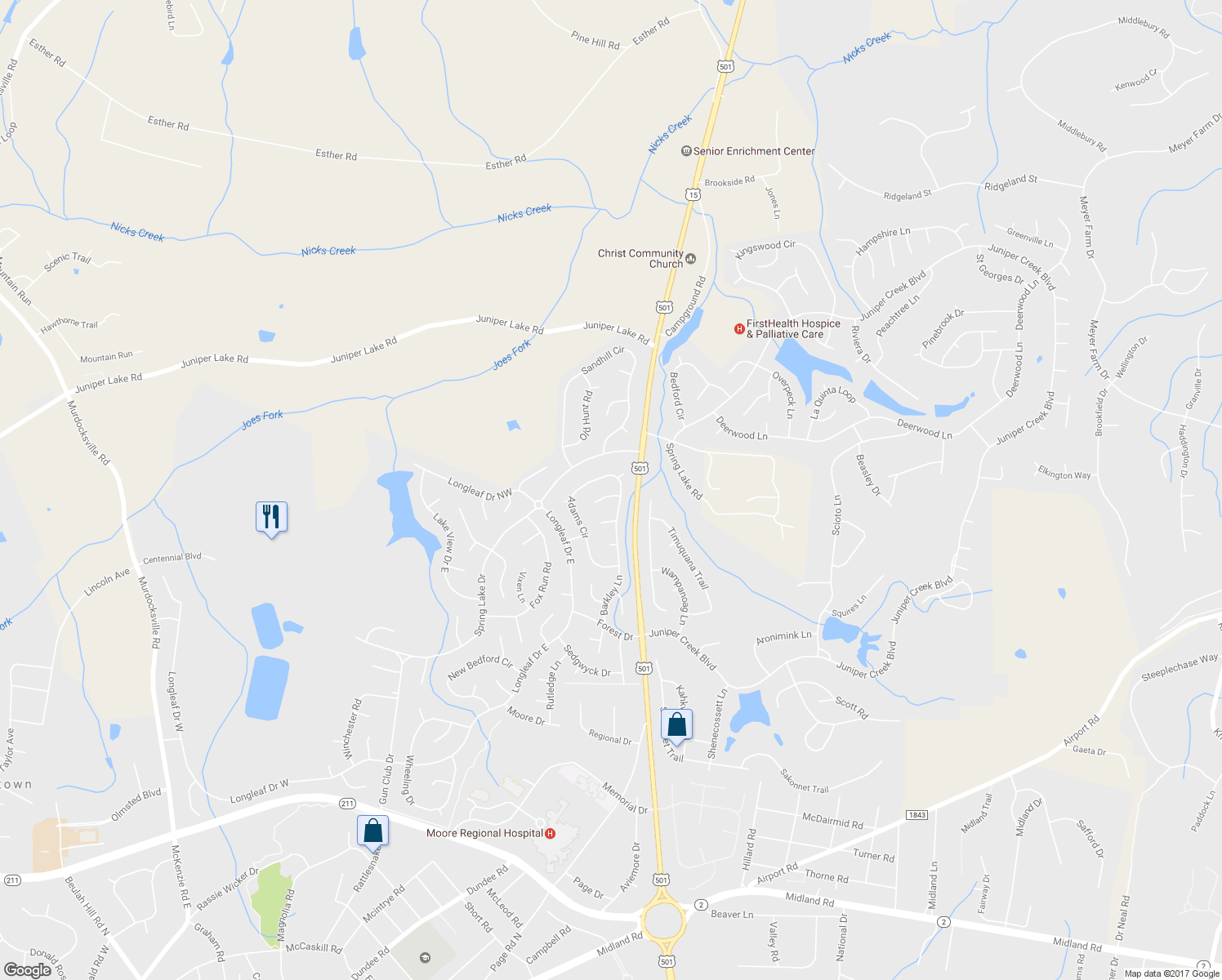 map of restaurants, bars, coffee shops, grocery stores, and more near 1 Van Buren Lane in Pinehurst