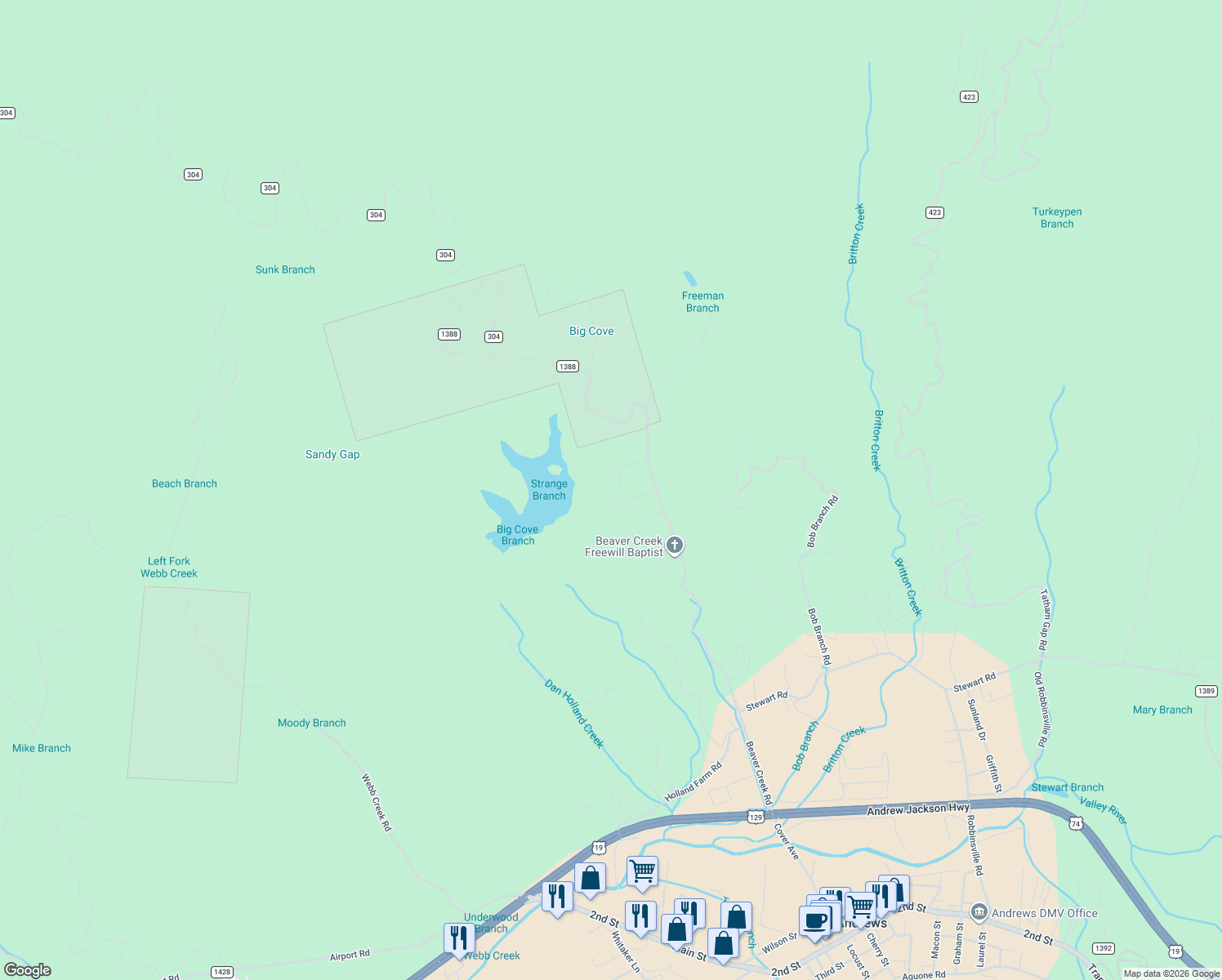 map of restaurants, bars, coffee shops, grocery stores, and more near 76 Lola Jo Lane in Andrews