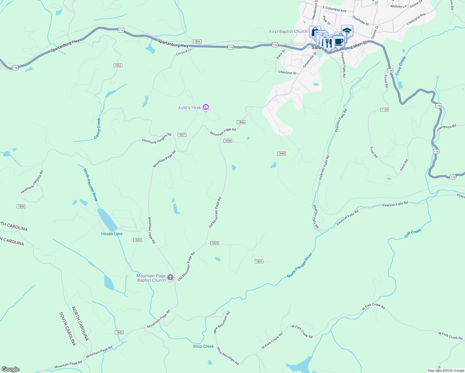map of restaurants, bars, coffee shops, grocery stores, and more near 483 Old Mountain Page Road in Saluda