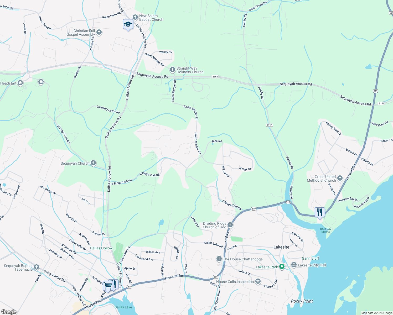 map of restaurants, bars, coffee shops, grocery stores, and more near 1873 Millard Road in Soddy-Daisy