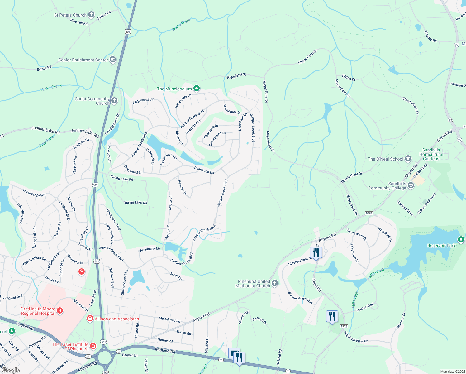 map of restaurants, bars, coffee shops, grocery stores, and more near 8 Morris Lane in Pinehurst