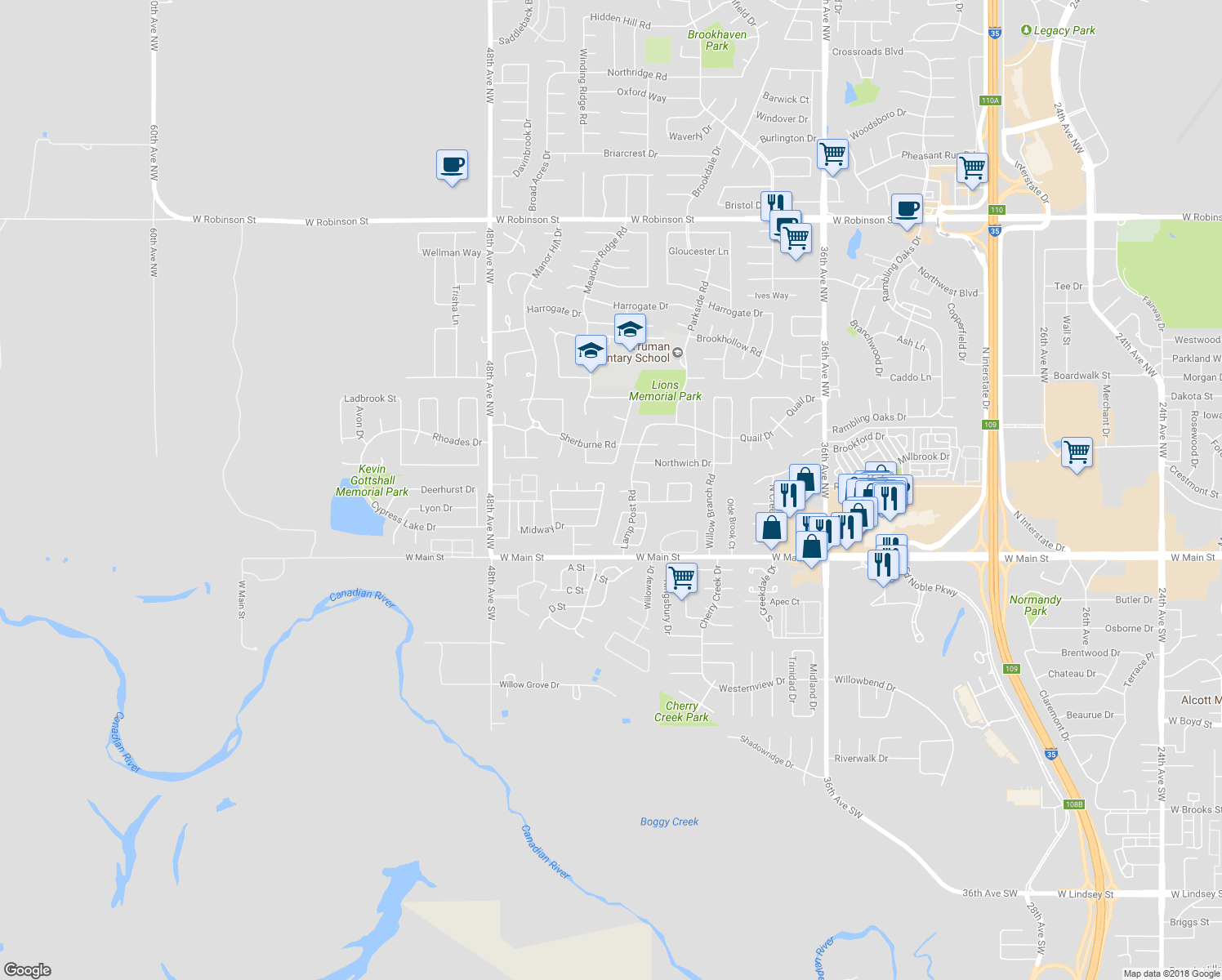 map of restaurants, bars, coffee shops, grocery stores, and more near 301 Victory Court in Norman