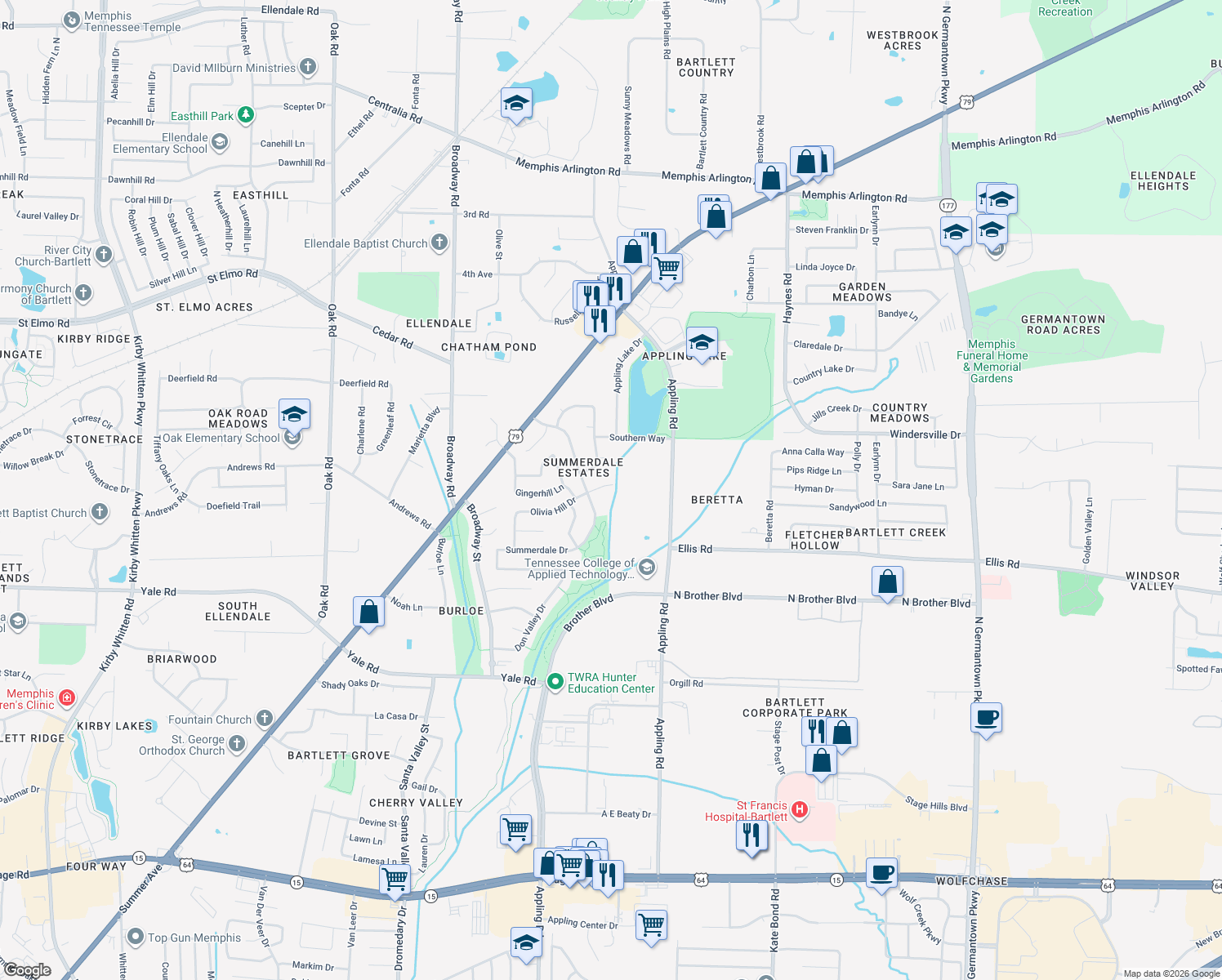 map of restaurants, bars, coffee shops, grocery stores, and more near 7559 Olivia Hill Drive in Memphis
