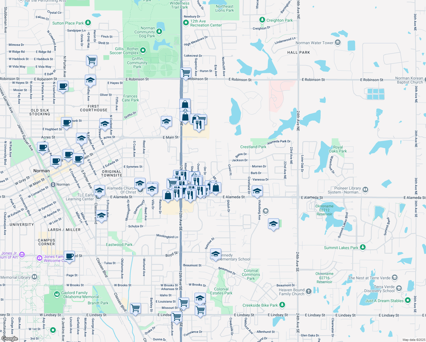 map of restaurants, bars, coffee shops, grocery stores, and more near 217 Mount Vernon Drive in Norman