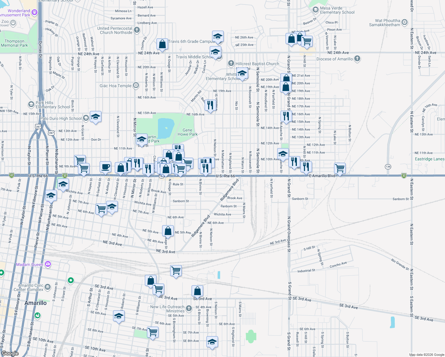map of restaurants, bars, coffee shops, grocery stores, and more near 2802 East Amarillo Boulevard in Amarillo