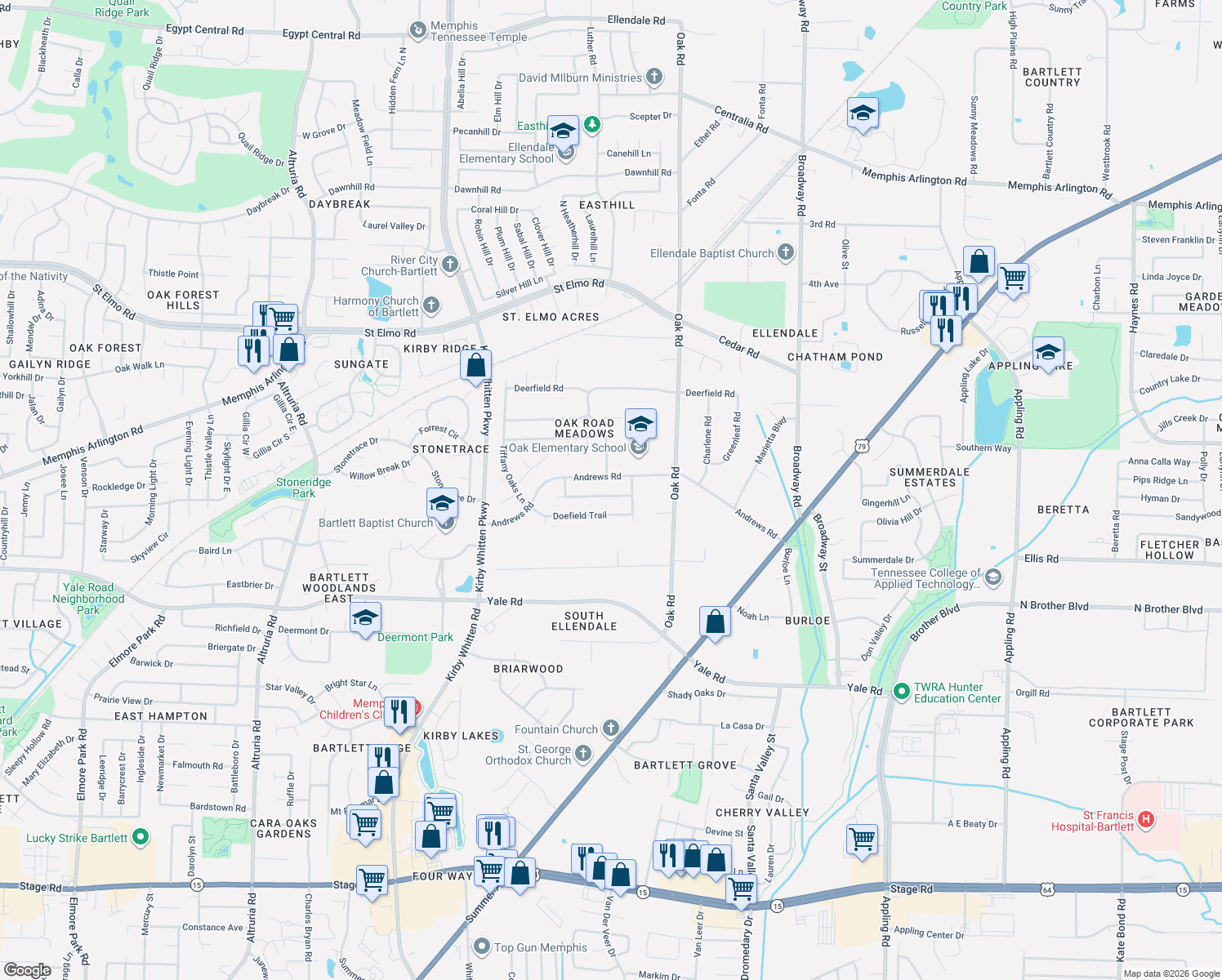 map of restaurants, bars, coffee shops, grocery stores, and more near 7014 Meadowlands Place in Memphis