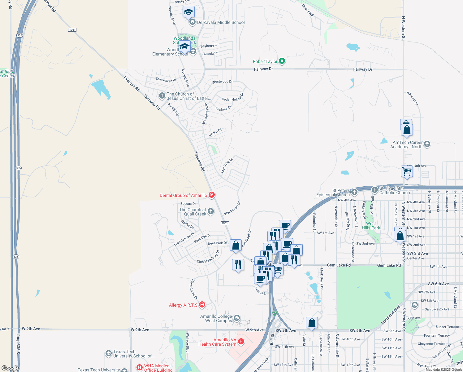 map of restaurants, bars, coffee shops, grocery stores, and more near 6309 Westcliff Parkway in Amarillo