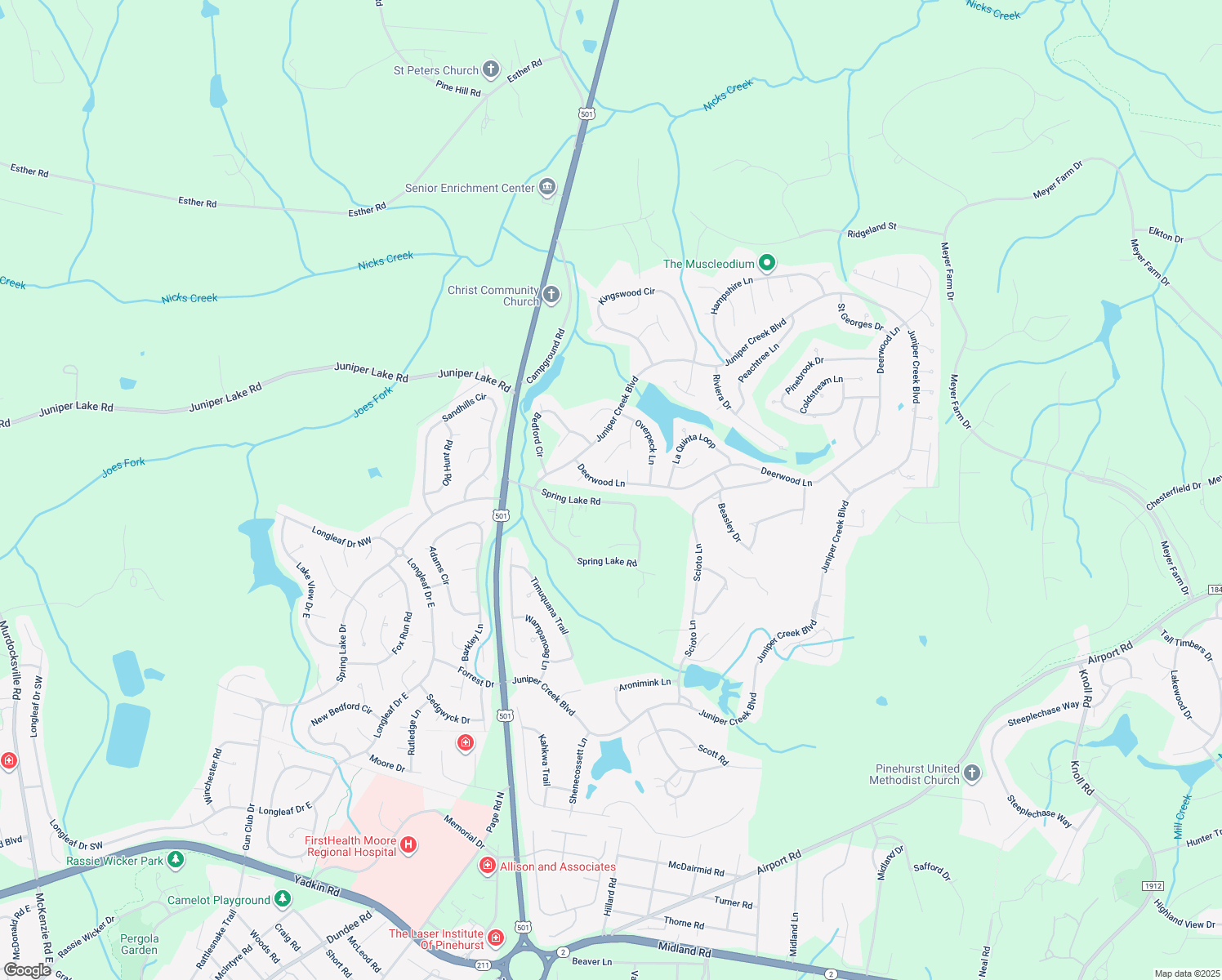 map of restaurants, bars, coffee shops, grocery stores, and more near 14 Deerwood Lane in Pinehurst