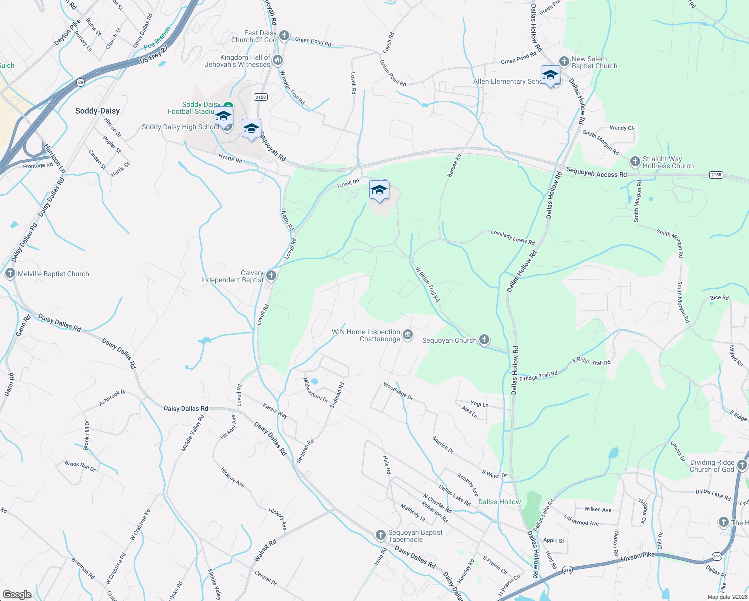 map of restaurants, bars, coffee shops, grocery stores, and more near 37379 Smith Cemetery Circle in Soddy-Daisy