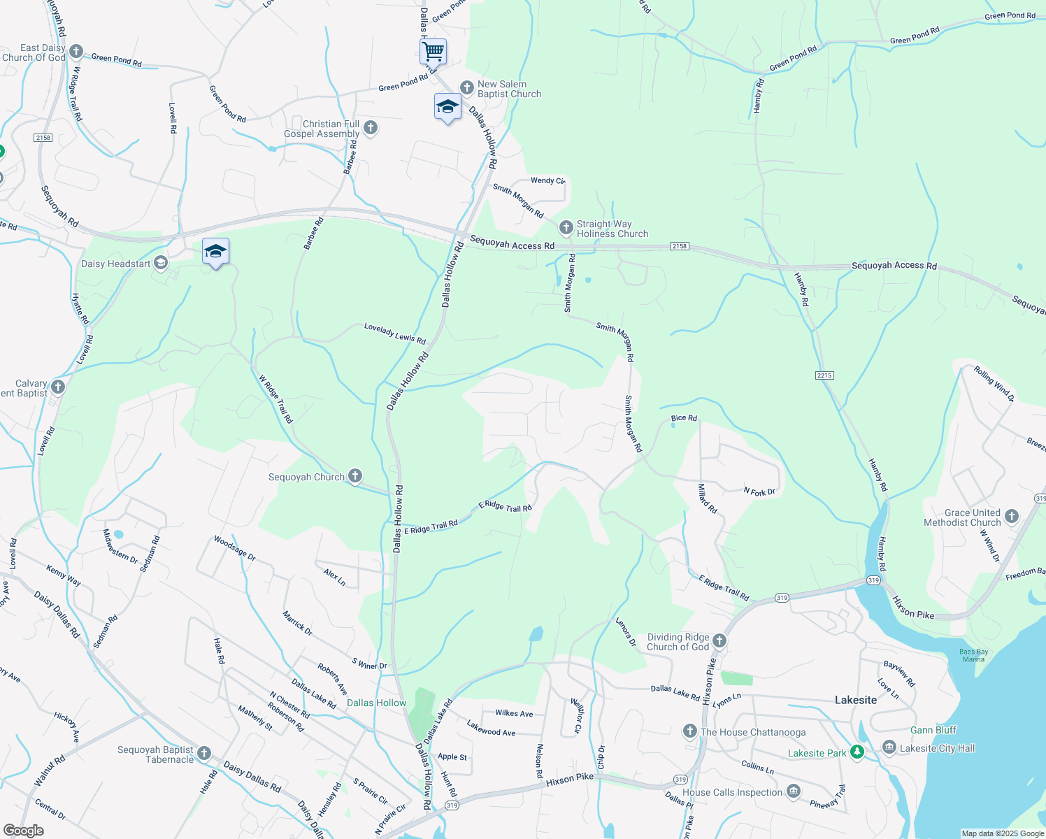 map of restaurants, bars, coffee shops, grocery stores, and more near 9147 Broad Leaf Lane in Soddy-Daisy