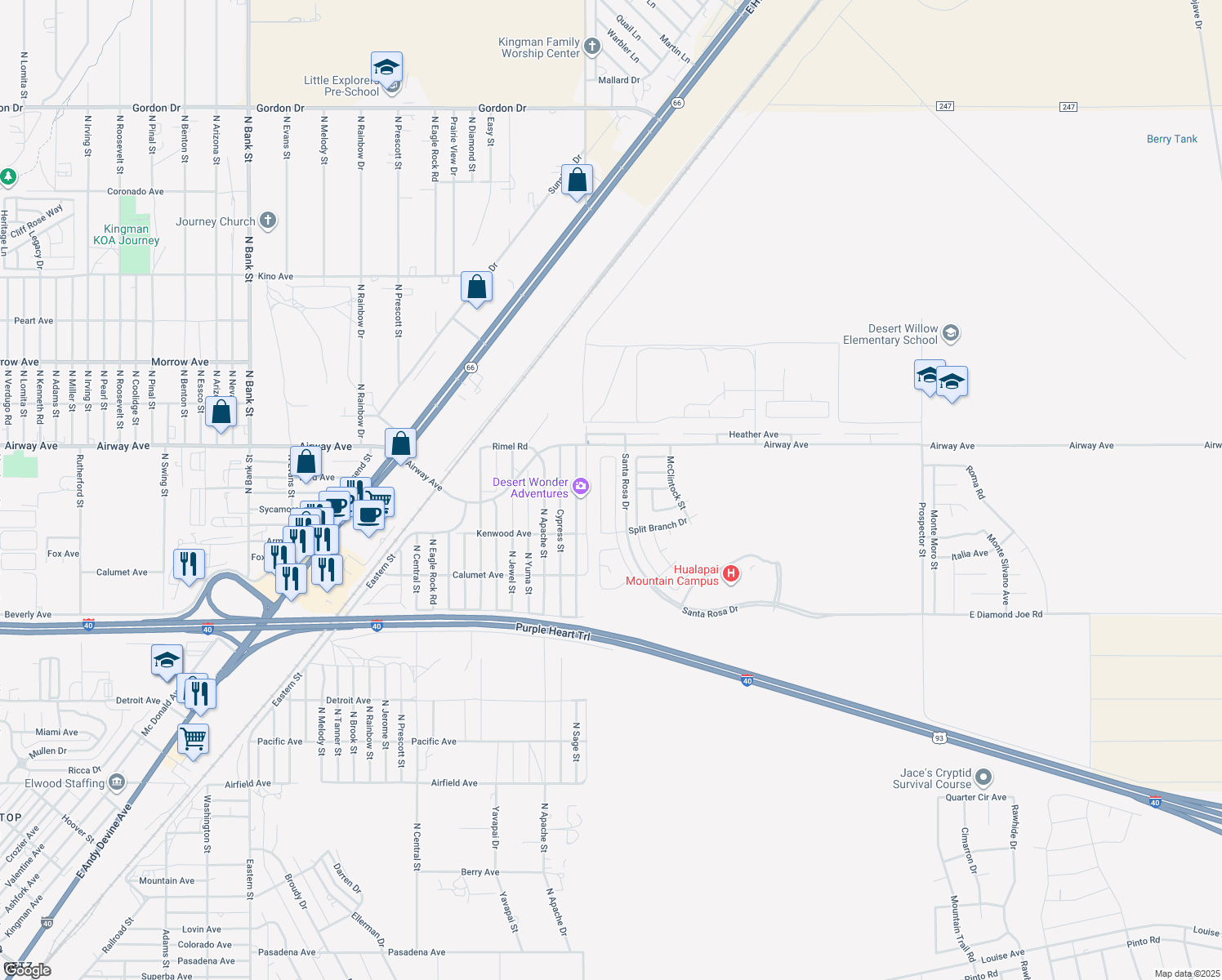 map of restaurants, bars, coffee shops, grocery stores, and more near 3427 Charleston Street in Kingman