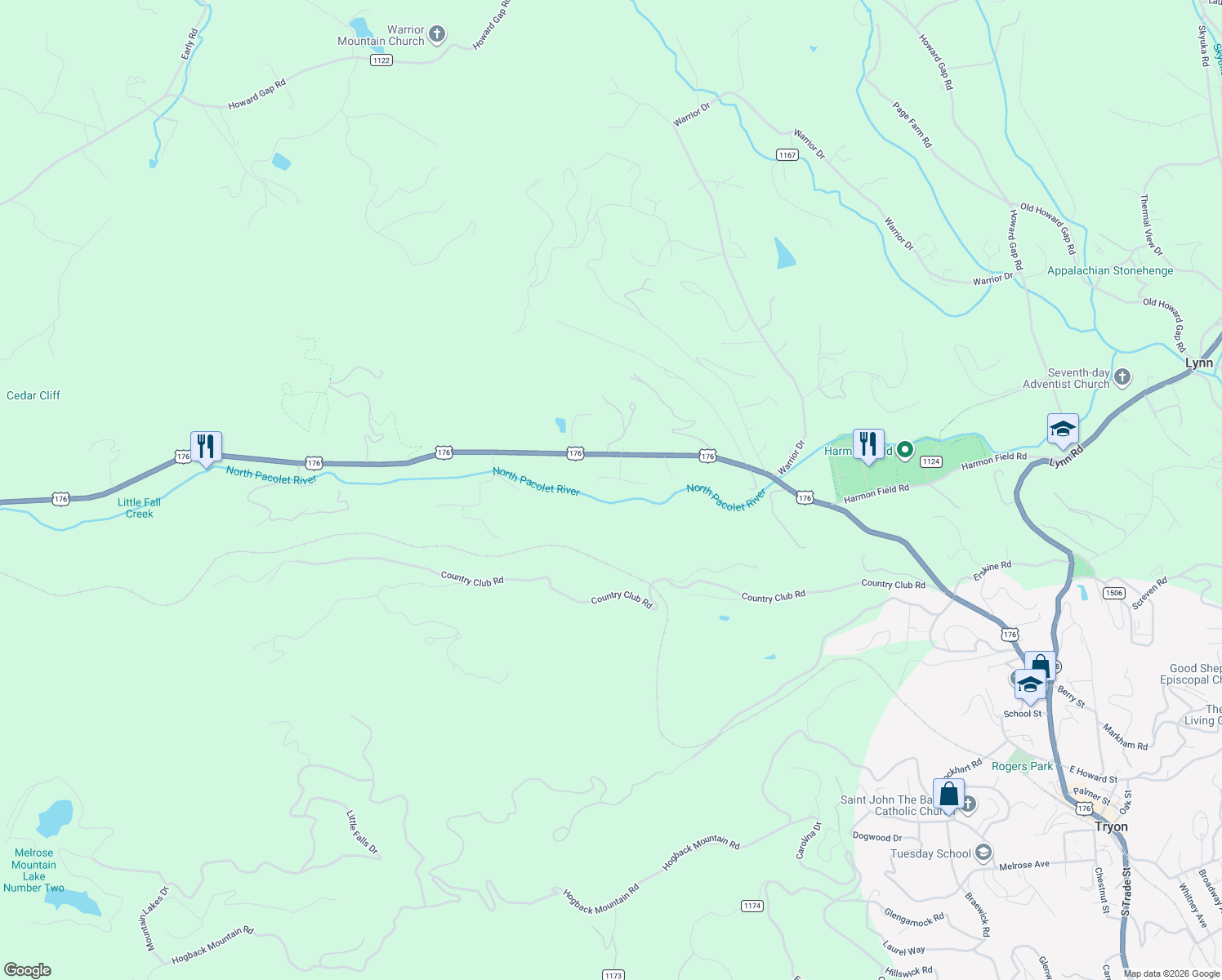 map of restaurants, bars, coffee shops, grocery stores, and more near 109 Wall Road in Tryon