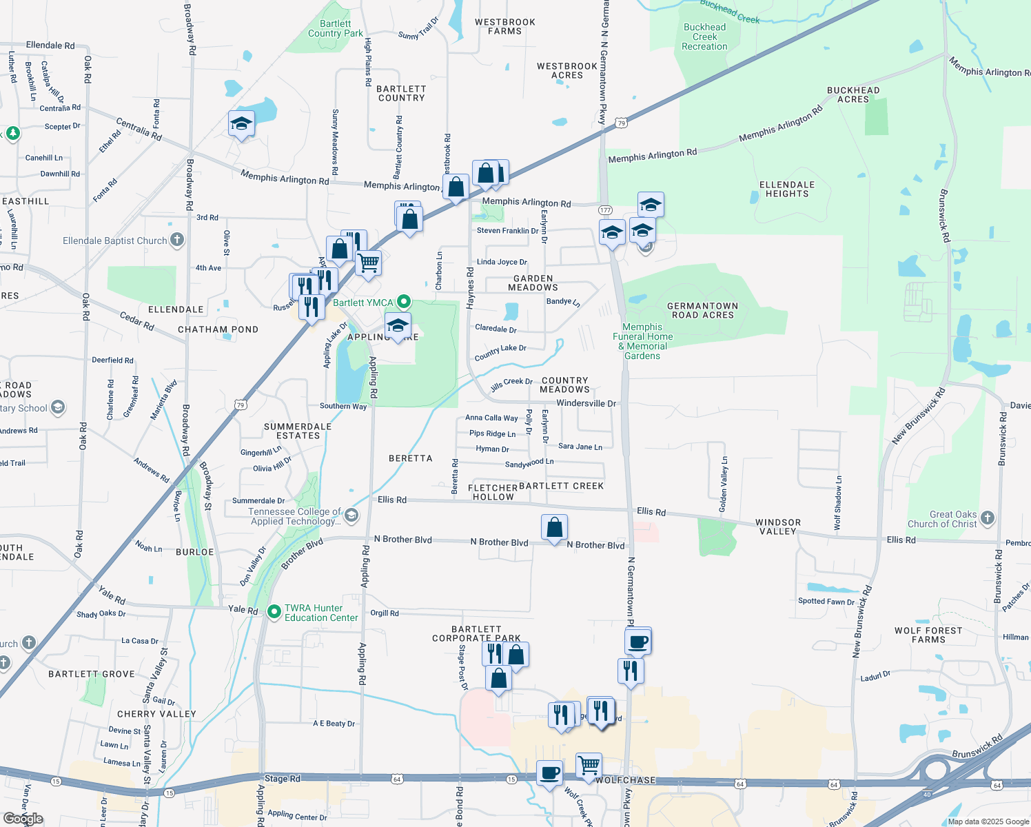 map of restaurants, bars, coffee shops, grocery stores, and more near 7918 Anna Calla Way in Bartlett