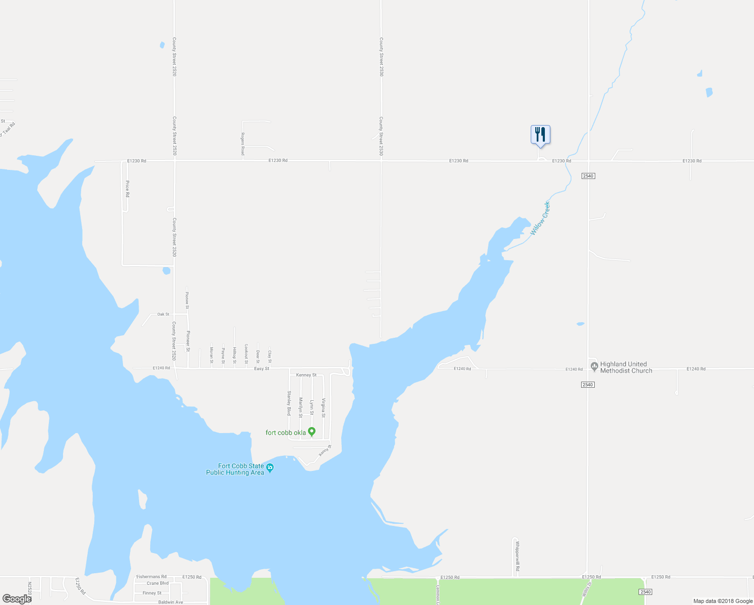map of restaurants, bars, coffee shops, grocery stores, and more near 114 Whispering Water Drive in Fort Cobb
