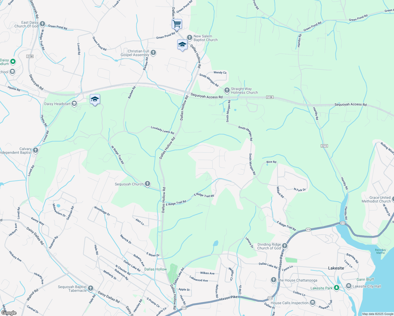 map of restaurants, bars, coffee shops, grocery stores, and more near 9270 Broad Leaf Lane in Soddy-Daisy