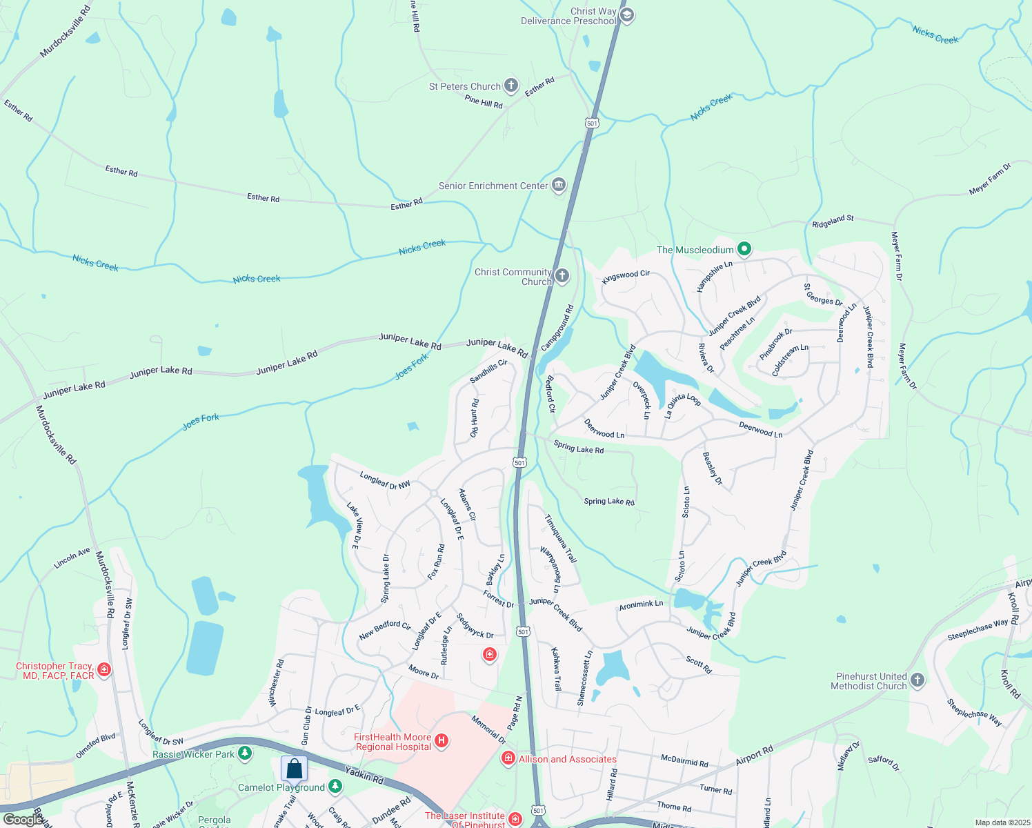 map of restaurants, bars, coffee shops, grocery stores, and more near 90 Sandhill Circle in Pinehurst