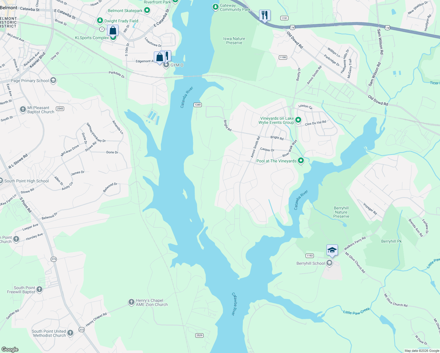 map of restaurants, bars, coffee shops, grocery stores, and more near 5603 Plantation Ridge Road in Charlotte