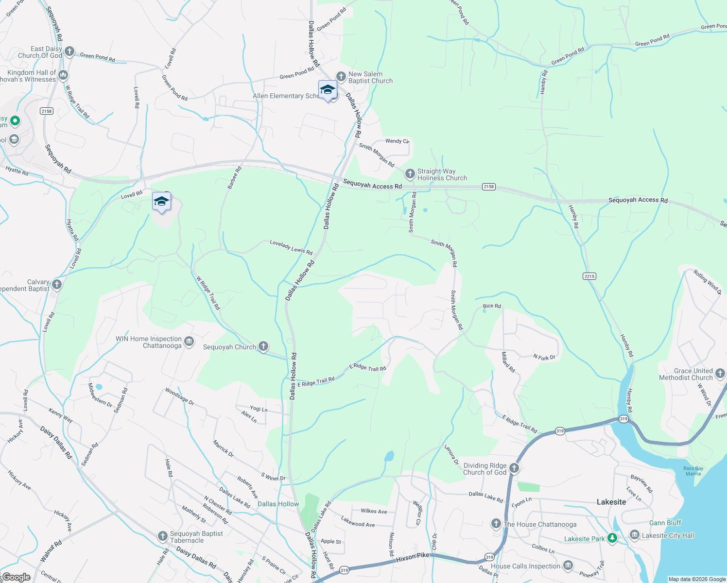 map of restaurants, bars, coffee shops, grocery stores, and more near 1758 Short Leaf Lane in Soddy-Daisy