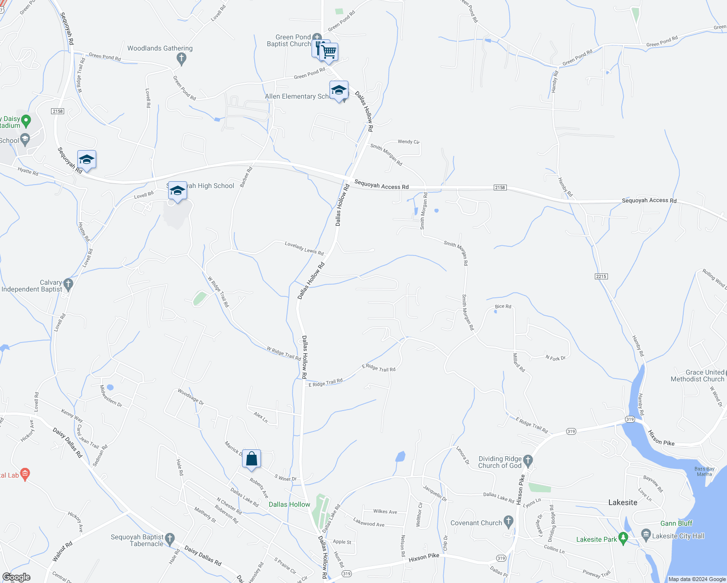 map of restaurants, bars, coffee shops, grocery stores, and more near 2105 Short Leaf Lane in Soddy-Daisy