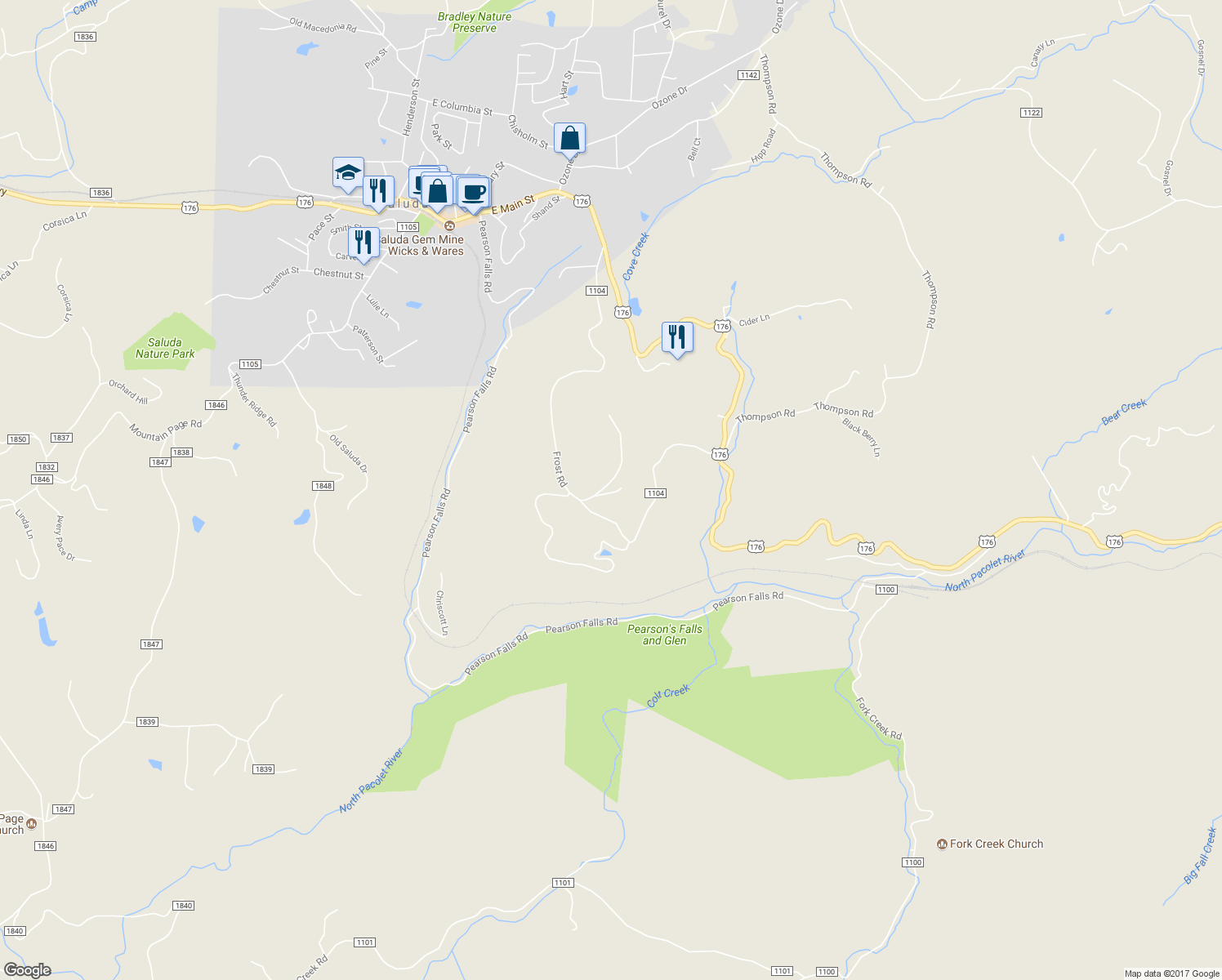 map of restaurants, bars, coffee shops, grocery stores, and more near 76 Archer Road in Saluda