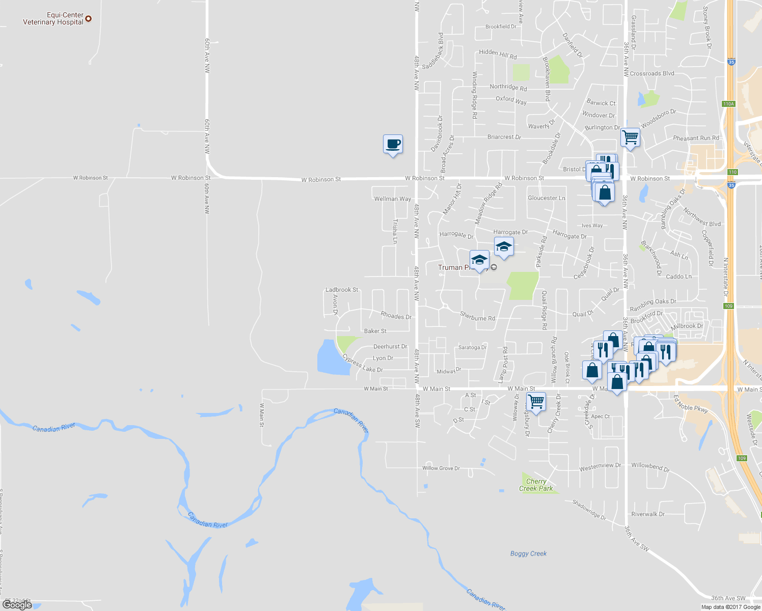 map of restaurants, bars, coffee shops, grocery stores, and more near 412 Portland Street in Norman