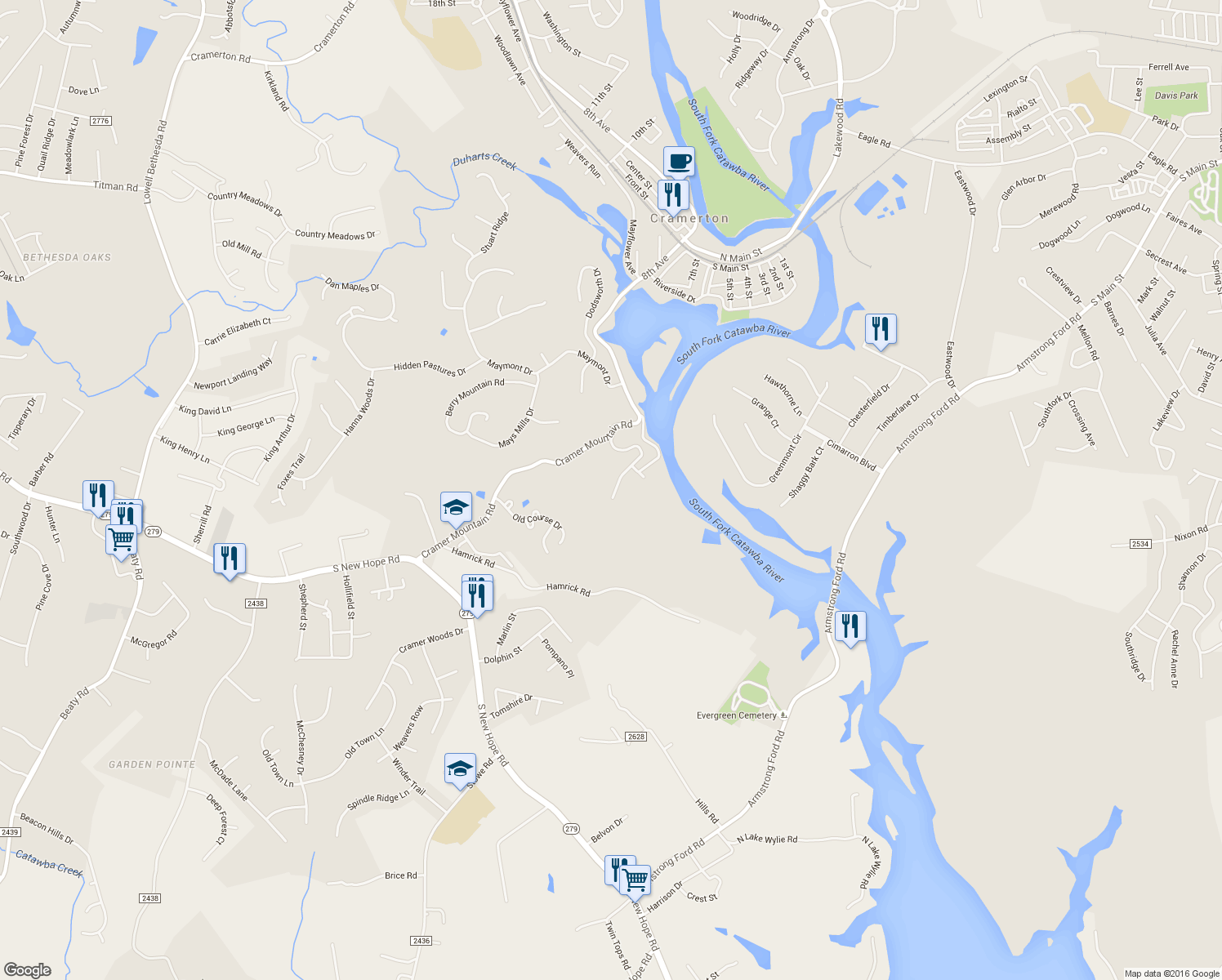 map of restaurants, bars, coffee shops, grocery stores, and more near 571 Baltimore Drive in Cramerton