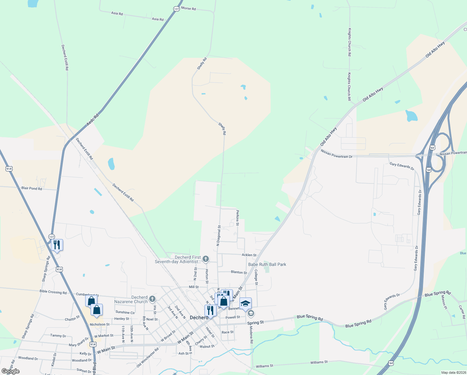 map of restaurants, bars, coffee shops, grocery stores, and more near 992 Shelly Rd in Decherd