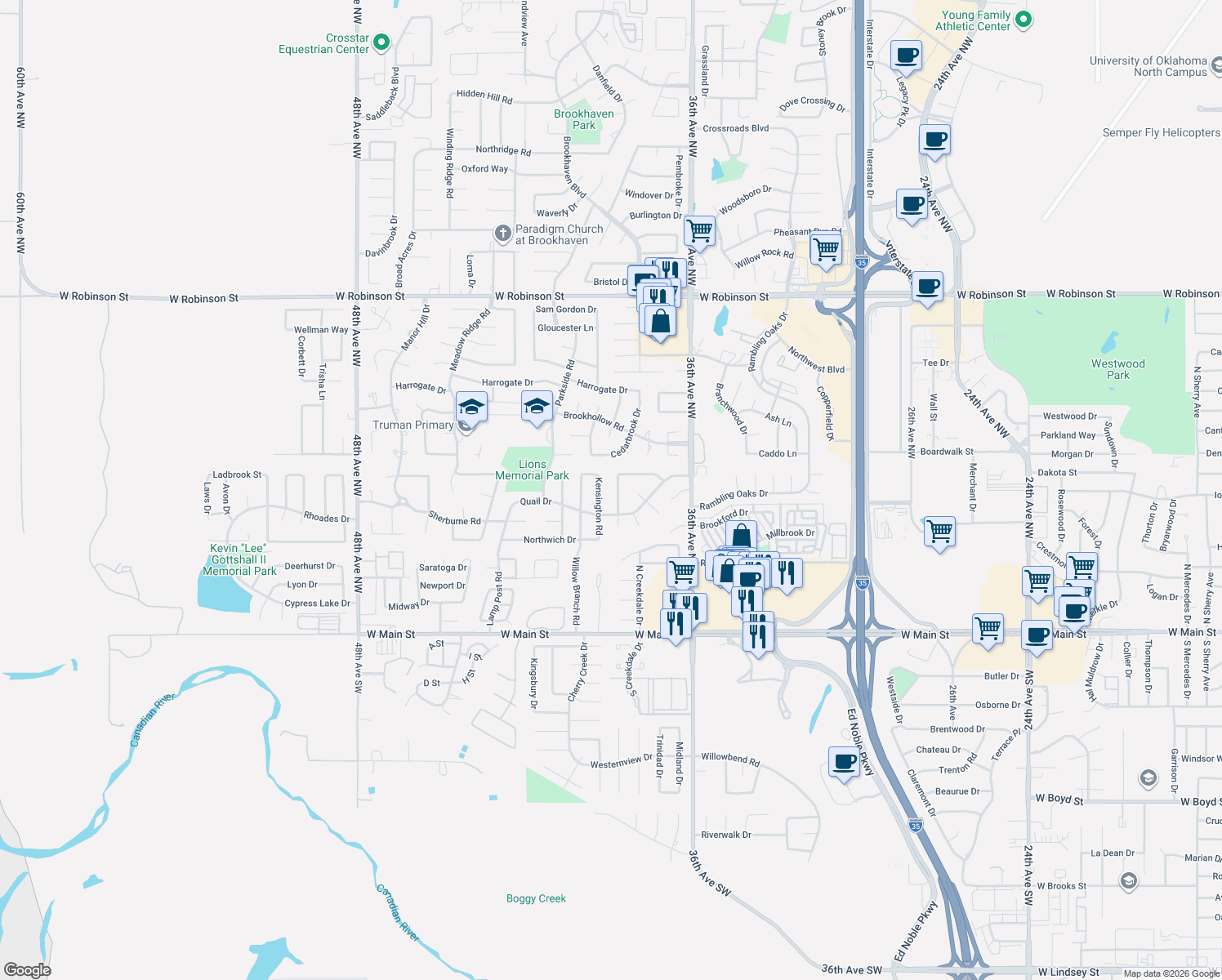 map of restaurants, bars, coffee shops, grocery stores, and more near 508 Piney Oak Drive in Norman