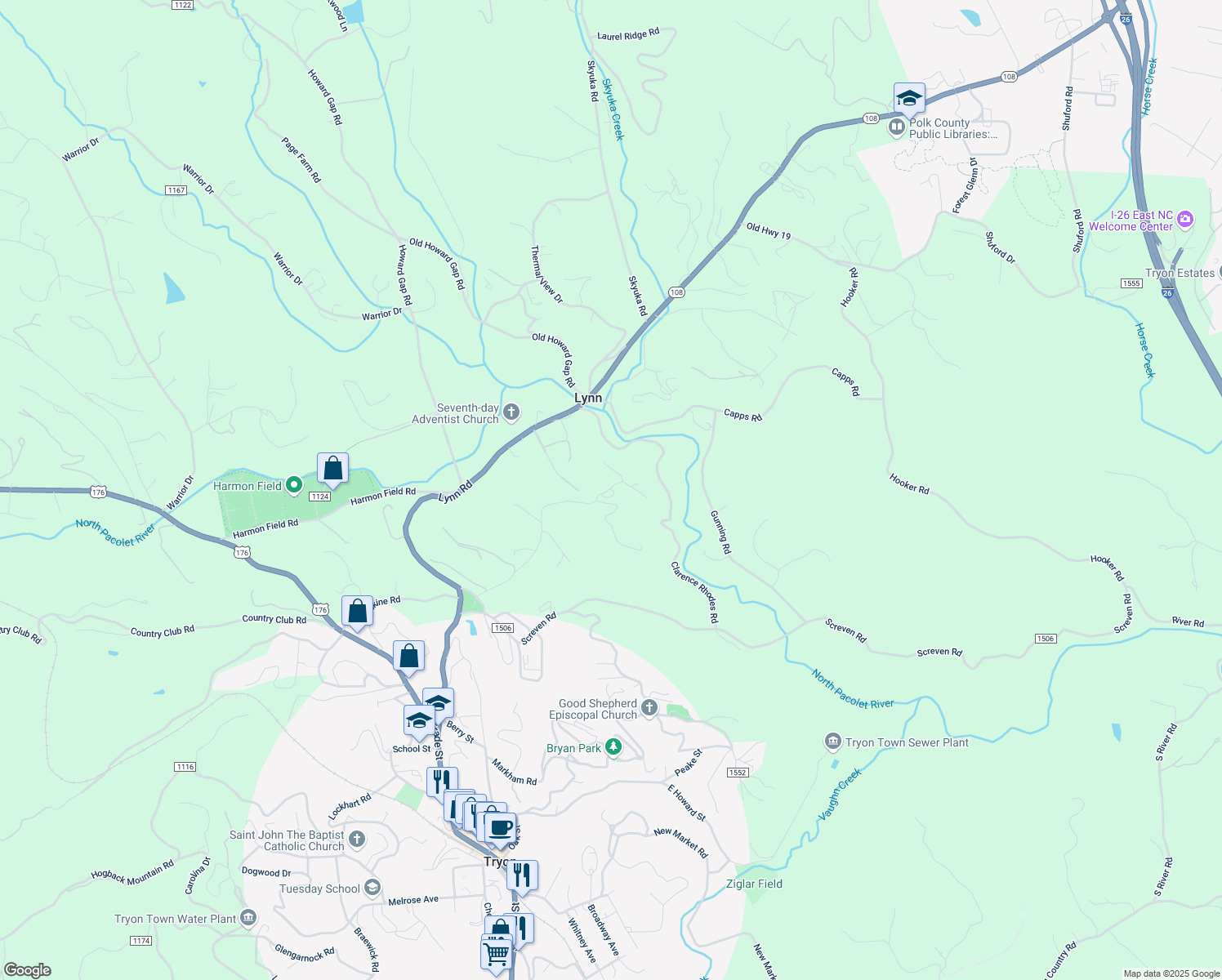 map of restaurants, bars, coffee shops, grocery stores, and more near 590 Wilderness Road in Tryon