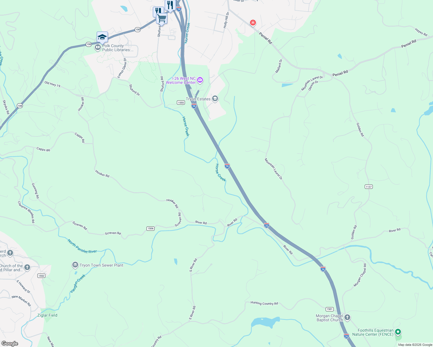 map of restaurants, bars, coffee shops, grocery stores, and more near 515 Rondo Ridge Road in Tryon