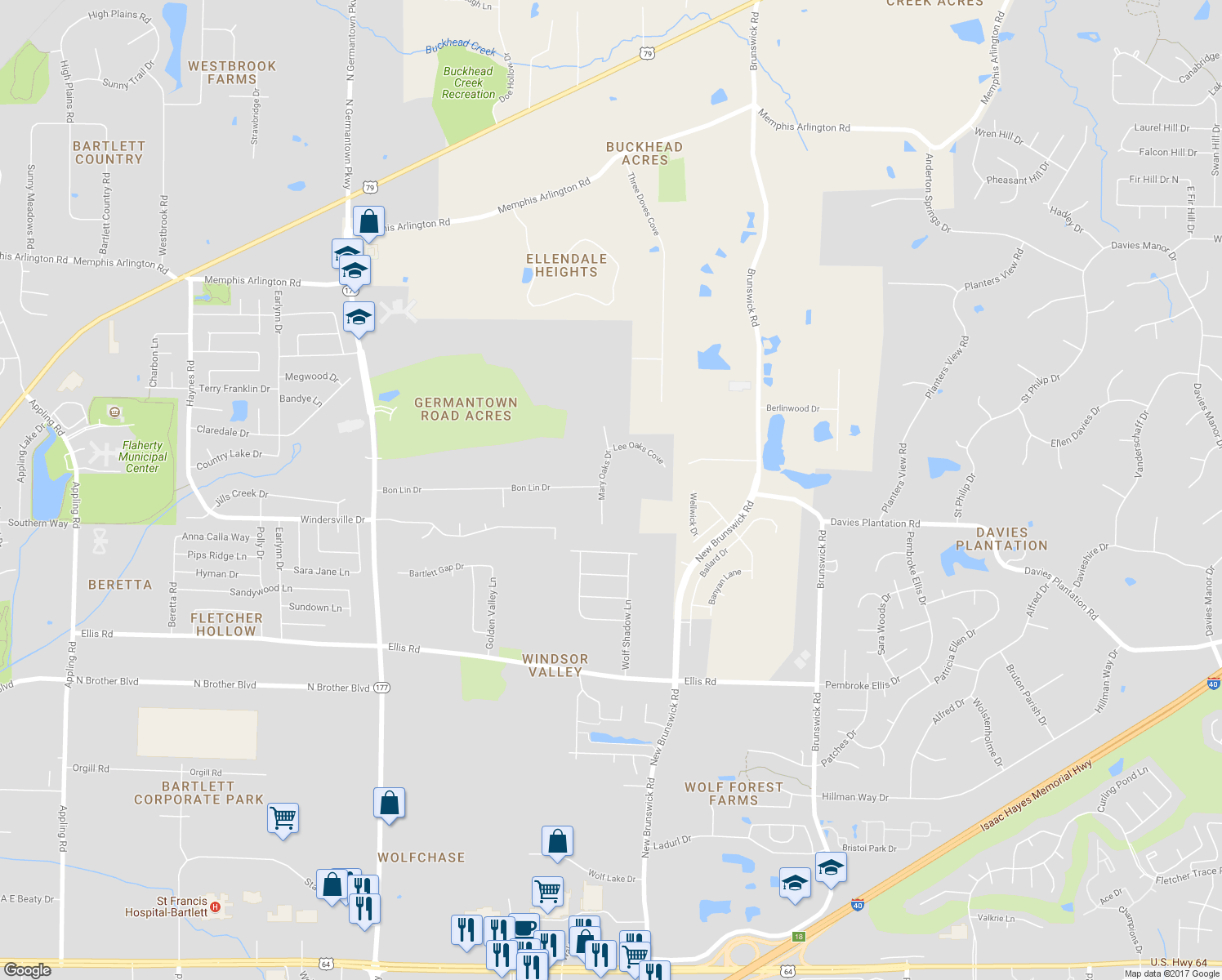 map of restaurants, bars, coffee shops, grocery stores, and more near 3630 Mary Oaks Drive in Bartlett