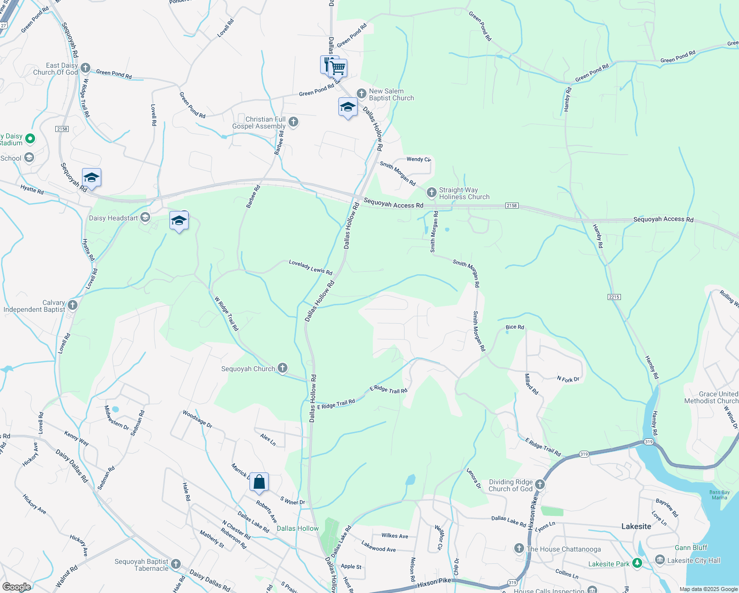map of restaurants, bars, coffee shops, grocery stores, and more near 1699 Short Leaf Lane in Soddy-Daisy